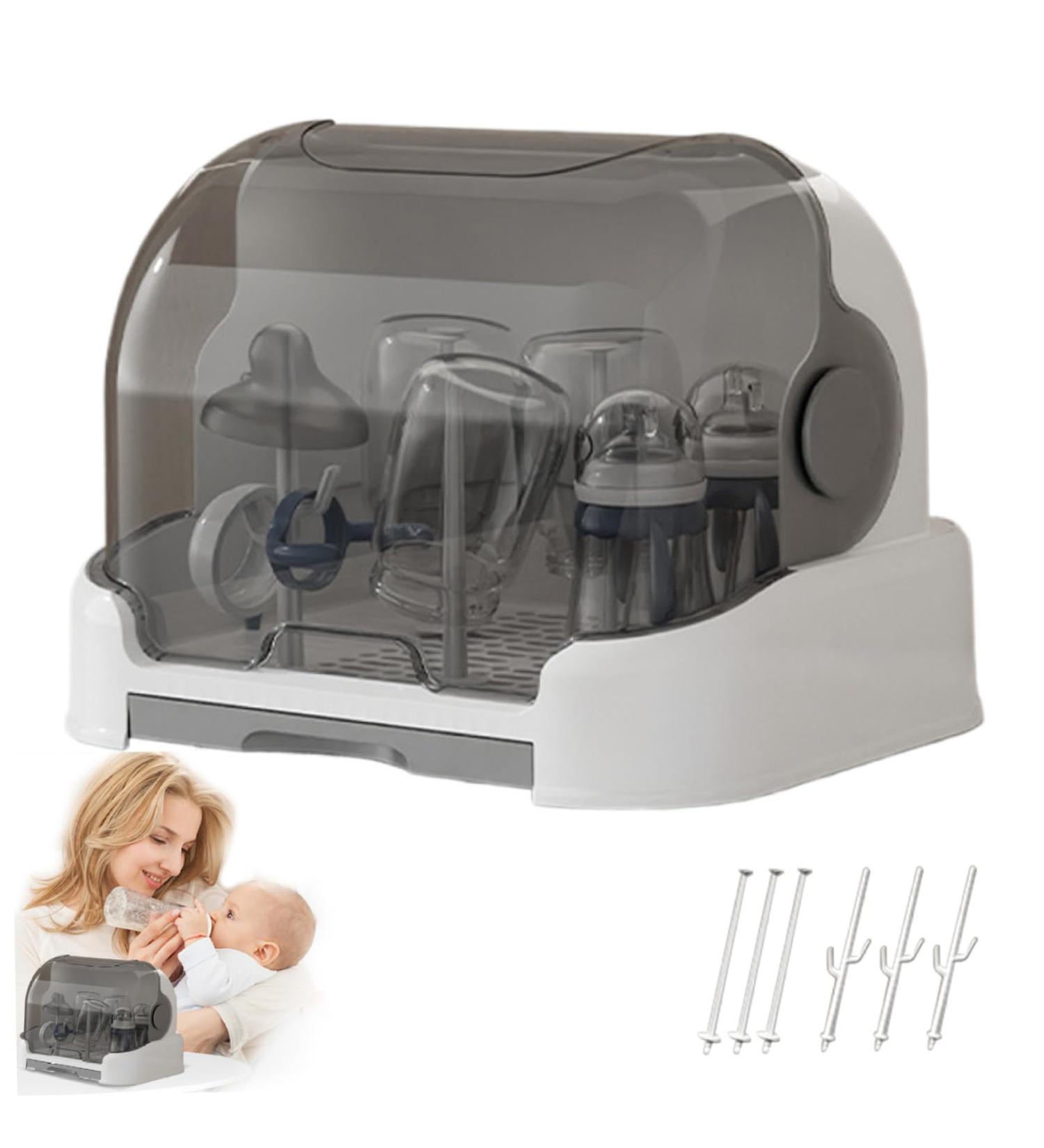 Bottle Sealing Discs Large Bottle Drying Rack with Cover & Removable Drain Tray Dustproof Baby Bottle Organizer Portable Baby Bottle Rack Dryer Grey - Buy Online on GoSupps.com