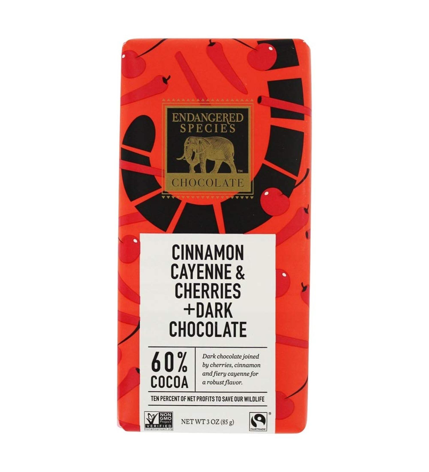Endangered Species Dark Chocolate Bar with Cinnamon, Cayenne & Cherries - 3oz | 12 Pack - Buy Online on GoSupps.com