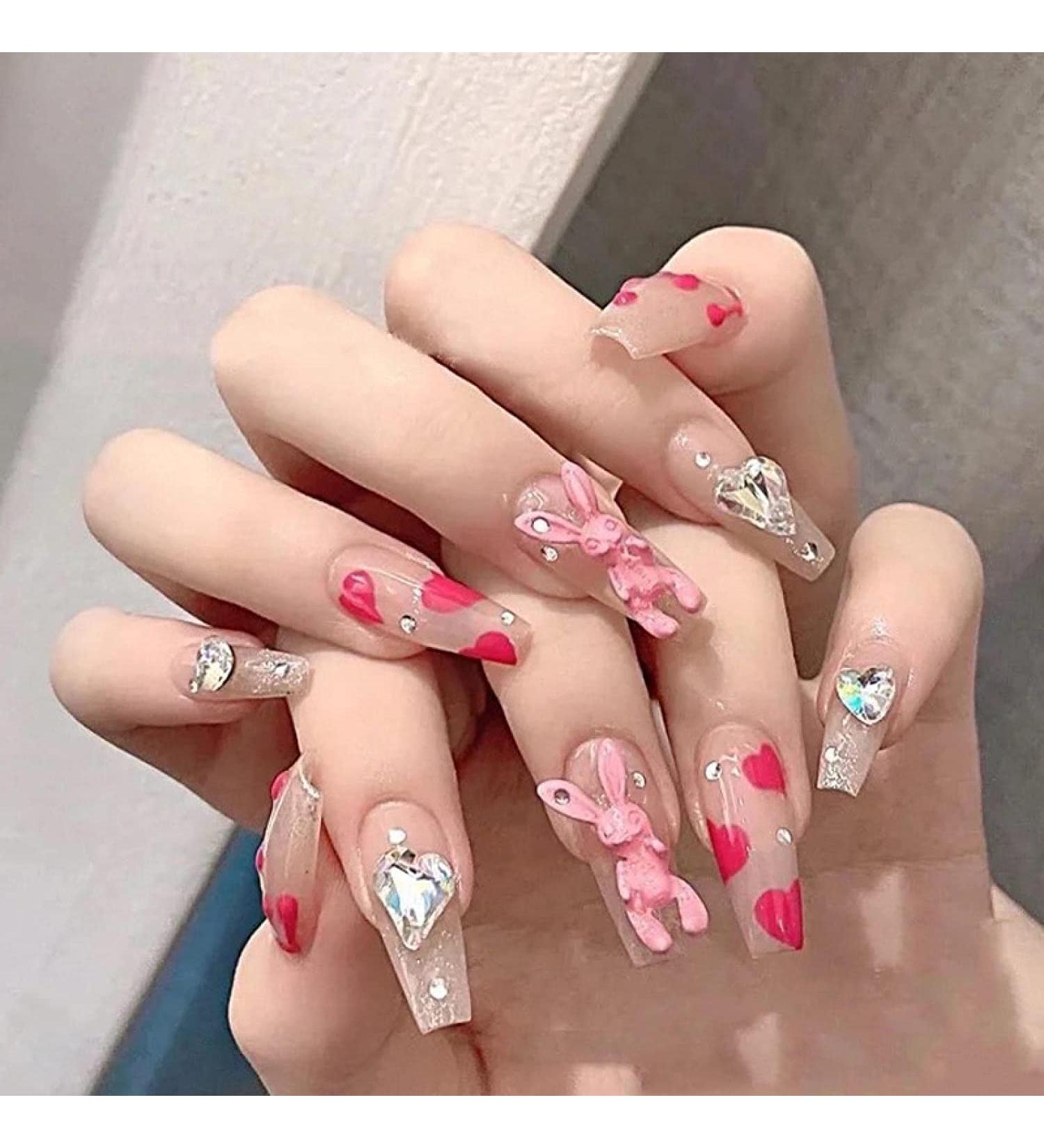 Press-on False Nails 48pcs (2pack) Heart Diamond Long Press On Nails with Rabbit Decoration French Fake Nail Tips DIY Arylic False Nail Tips for Women and Girls - Buy Online on GoSupps.com