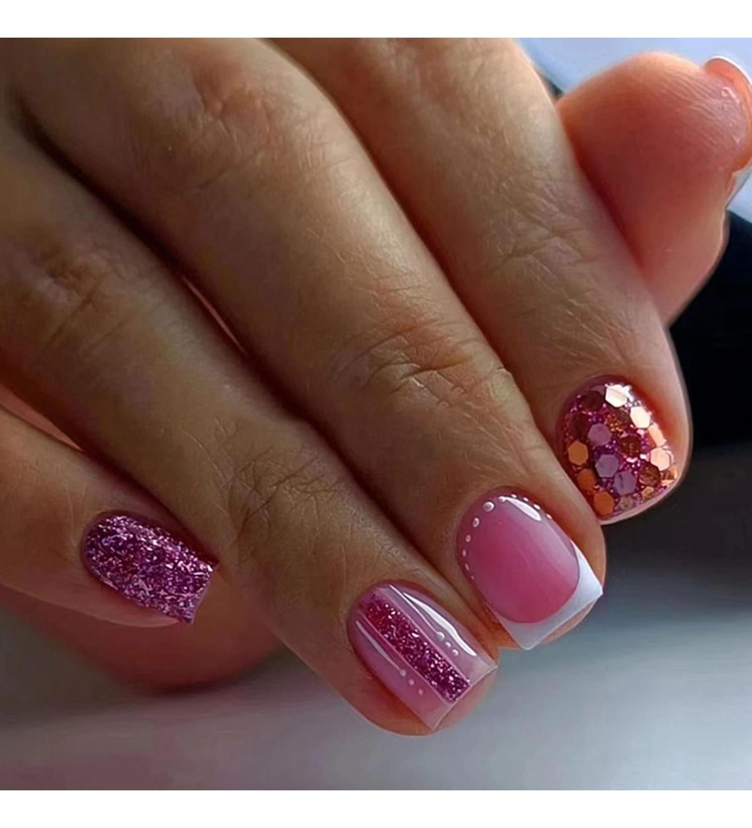 Square Short Fake Nails | Acrylic Press on Nails Rose Pink Glitter | 24 Pcs Full Cover French Tip for Women - Buy Online on GoSupps.com