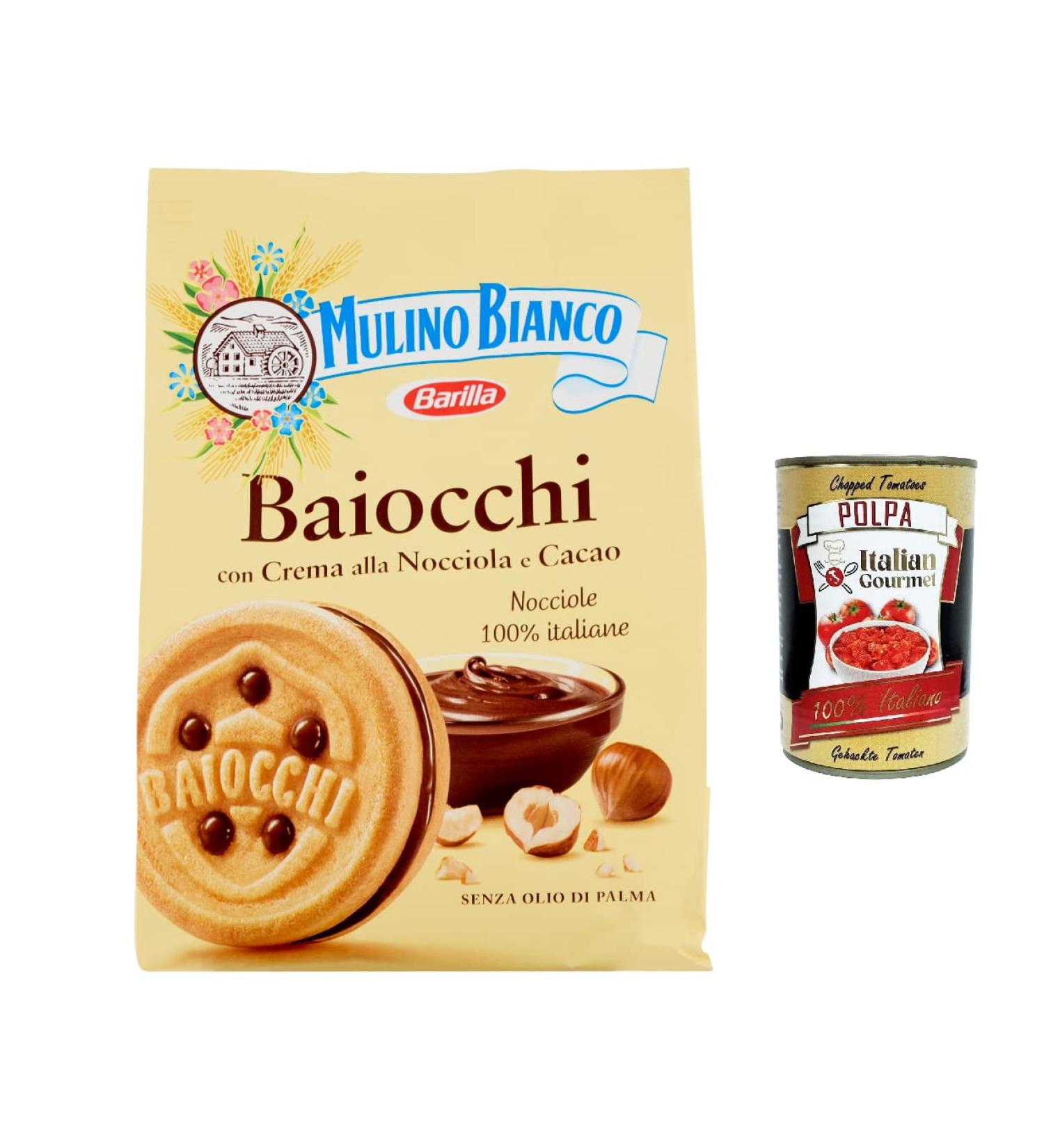 Mulino Bianco Baiocchi Pack of 6 biscuits with hazelnut and cocoa cream for breakfast and sweet afternoon snack 260 g + Italian gourmet polpa 400 g - Buy Online on GoSupps.com