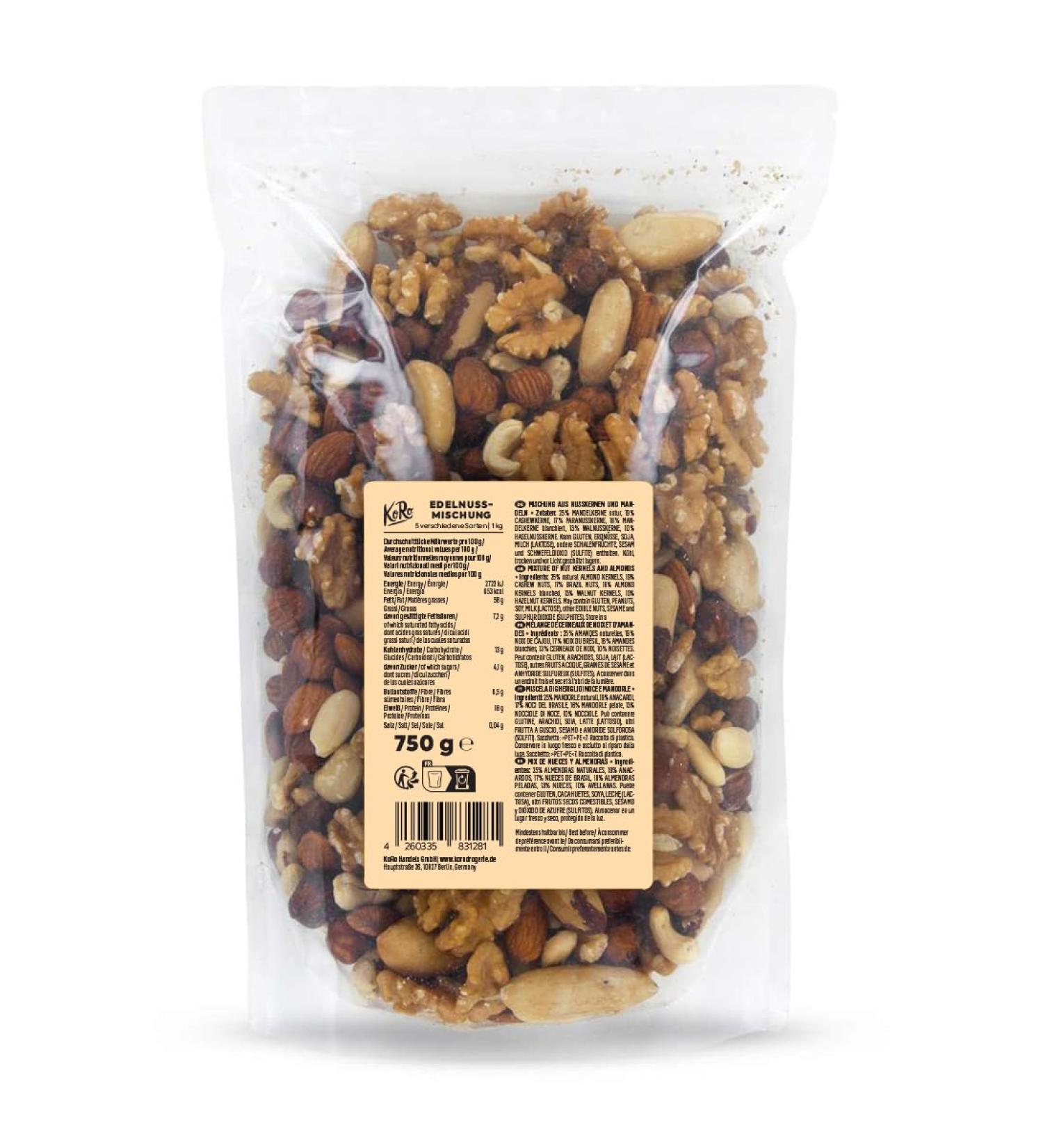 KoRo - Nut and Peanut Mix 1 kg - Almonds Brazil nuts walnuts cashews and hazelnuts - Buy Online on GoSupps.com
