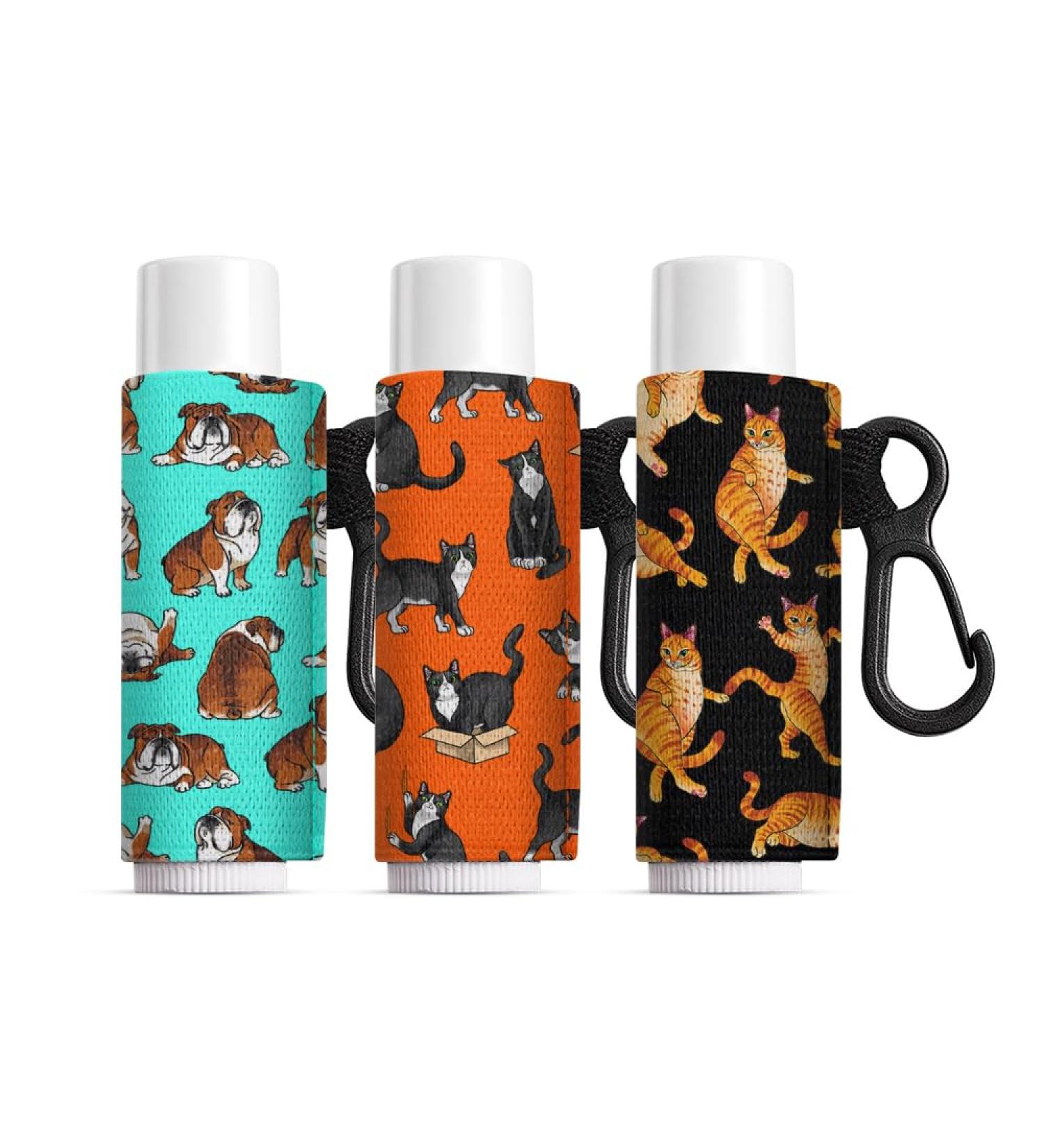 Buy Set of 3 Chapstick Holder Keychains - Elastic Lip Balm Sleeves Featuring English Bulldog Tuxedo Cat & Tabby Cat - Perfect Gift for Cat Lovers - Buy Online on GoSupps.com