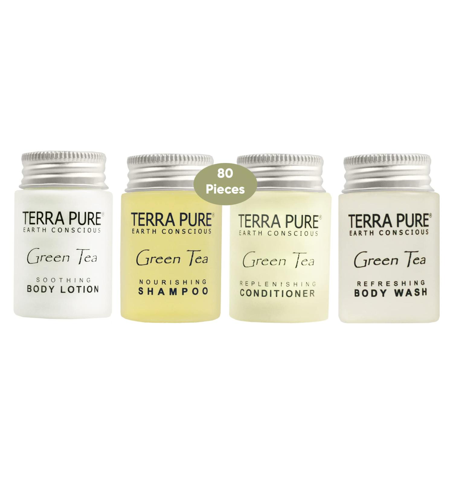 Terra Pure Green Tea Toiletries Set - 1 oz | Hotel Amenities for Airbnb, Hotels & Rentals | Shampoo, Conditioner, Body Wash, Lotion | 80 Piece Travel Kit - Buy Online on GoSupps.com