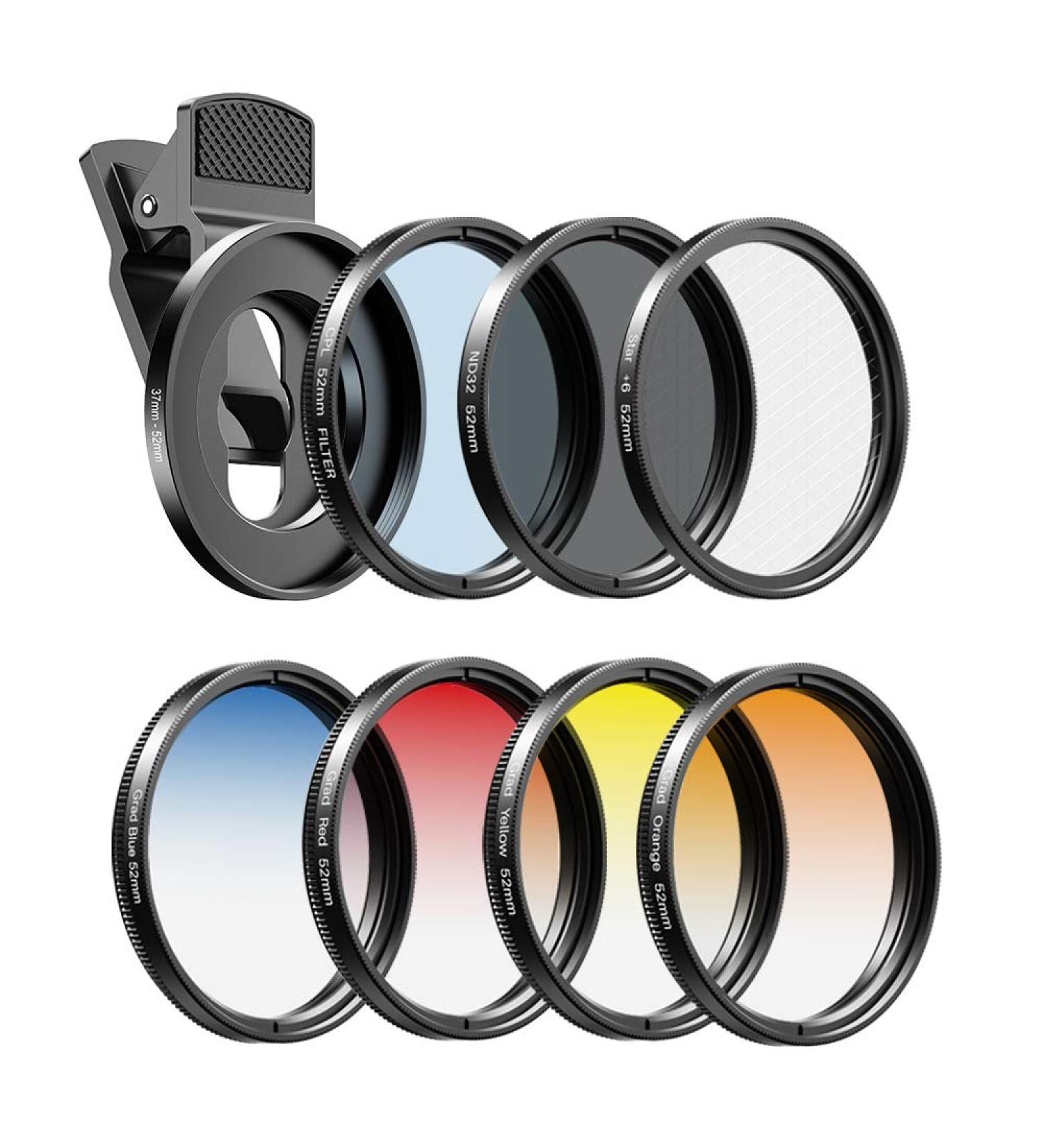 Apexel 52mm Filter Lens Kit for Smartphone Camera Canon Nikon Sony Olympus - Graduated Red Orange Yellow Blue CPL ND32 Star Lens - Buy Online on GoSupps.com