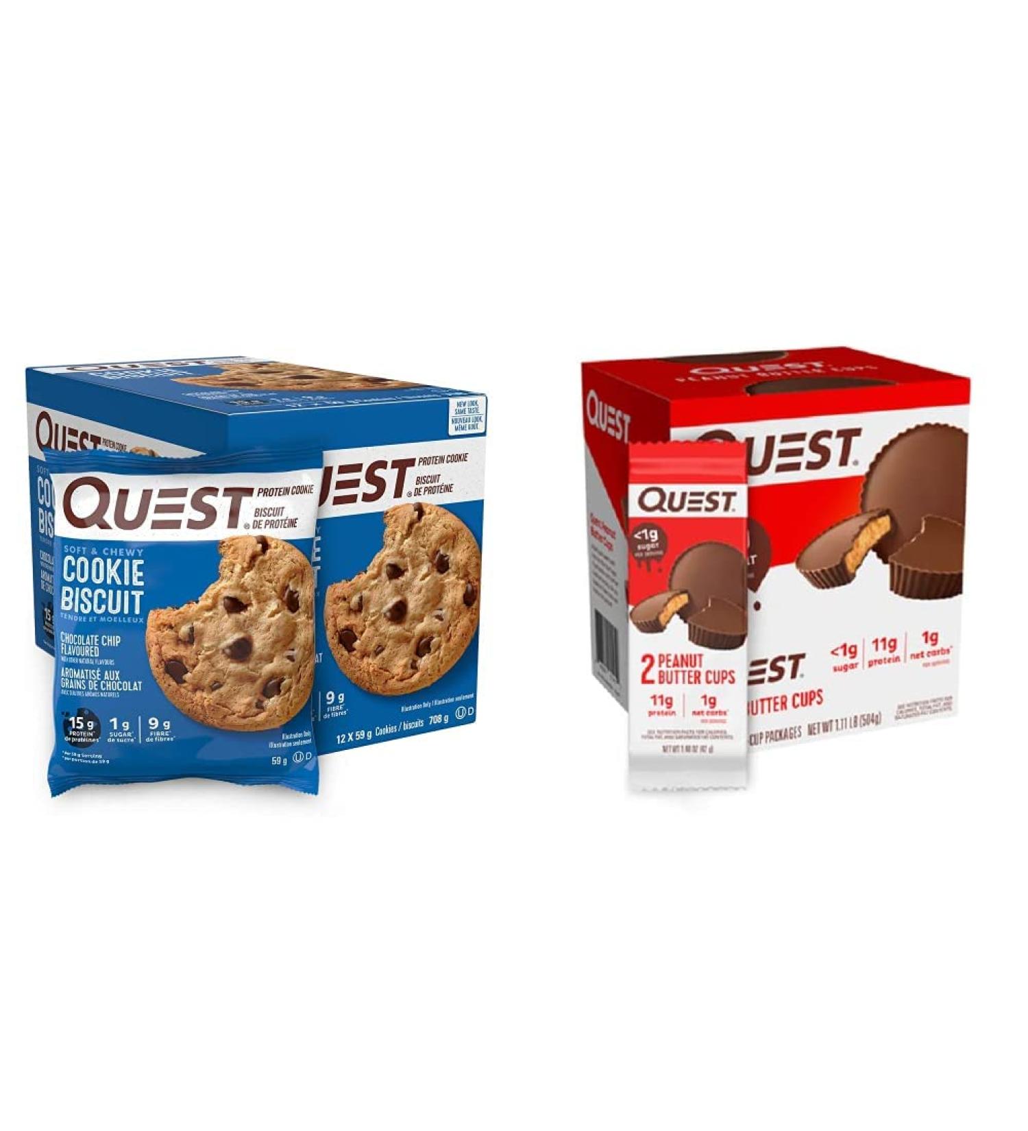 Quest Nutrition Chocolate Chip Protein Cookies (12ct) + Quest Nutrition Peanut Butter Cups (12ct) - Buy Online on GoSupps.com