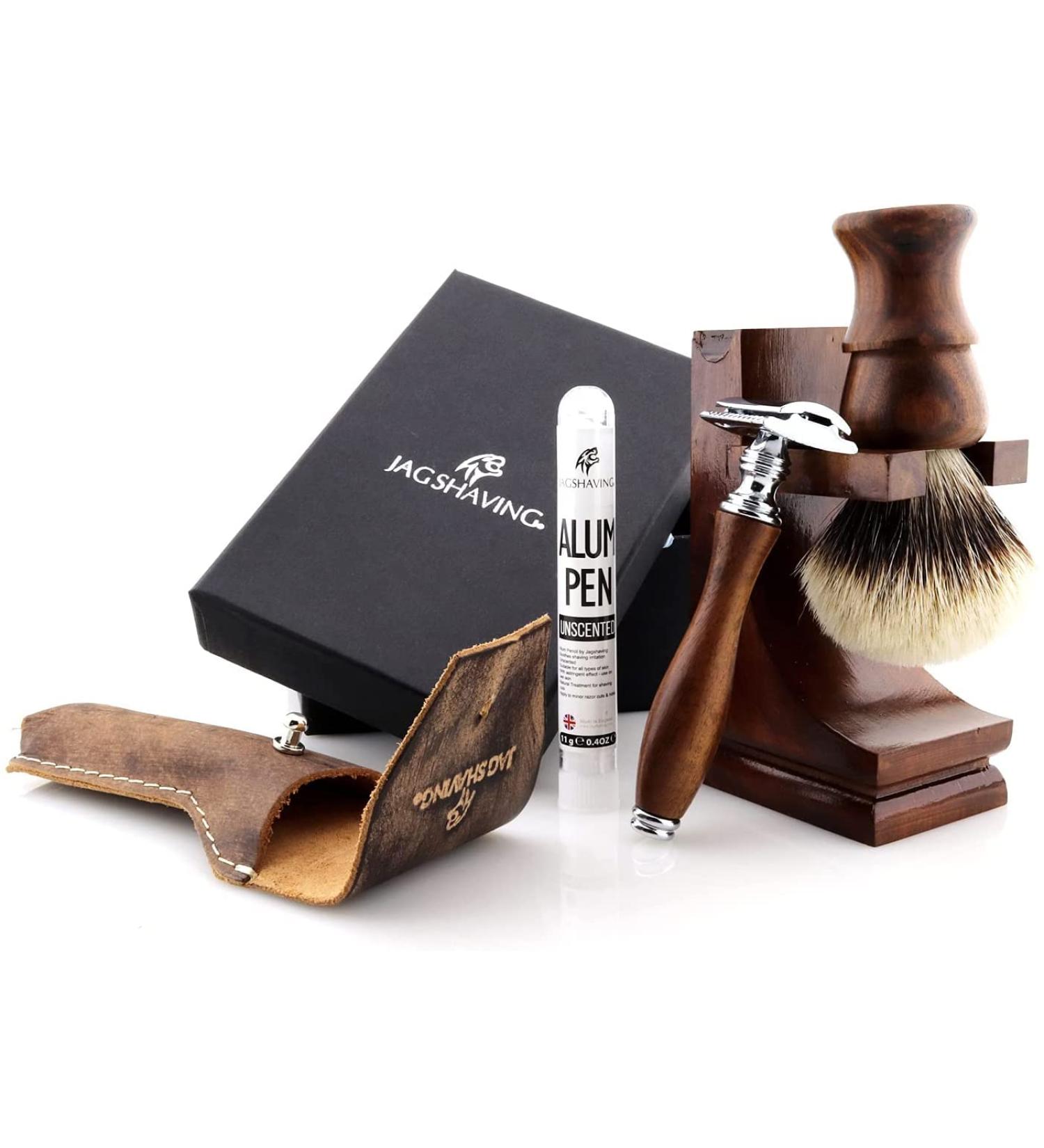 JAG Sustainable Shaving Razor Set - 4-Part Wood Set with Silberspitz Brush Double Edge Blades Stand & Leather Bag - Eco-Friendly Grooming - Buy Online on GoSupps.com