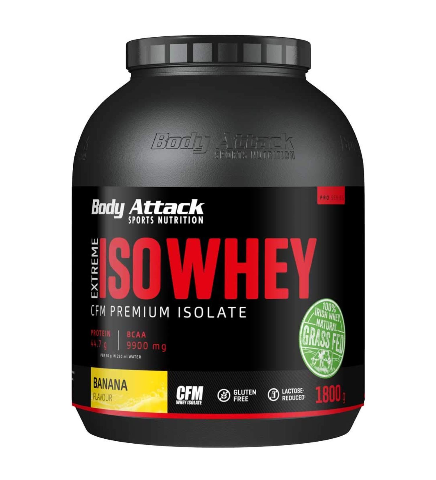Body Attack Extreme ISO Whey Protein Isolate - Banana Flavor 2 x 1.8 kg Gluten-Free Low Fat 90.6% Protein from 100% Irish Pasture Milk - Buy Online on GoSupps.com