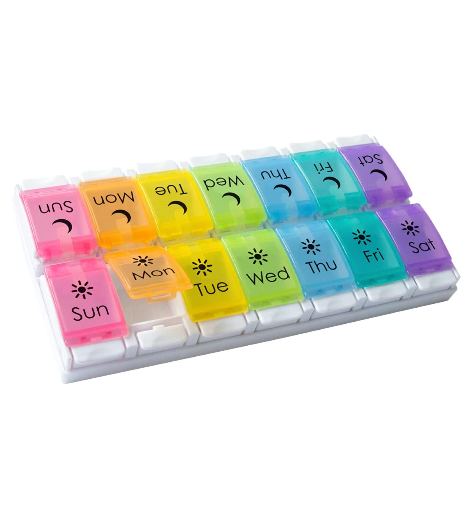 EZY DOSE Push Button 7-Day Pill Case Medicine Planner, Large Compartments, Arthritis Friendly - Rainbow Lids - Buy Online on GoSupps.com