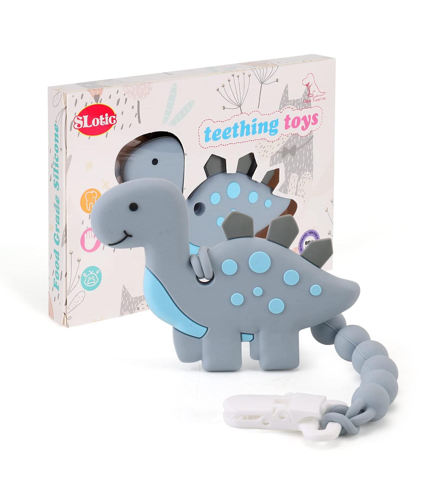 Dinosaur Teething Toy Set | Baby Teether Pain Relief + Pacifier Clip Holder | 3-12 Months | Freezer Safe | Neutral Shower Gift (Grey) - Buy Online on GoSupps.com