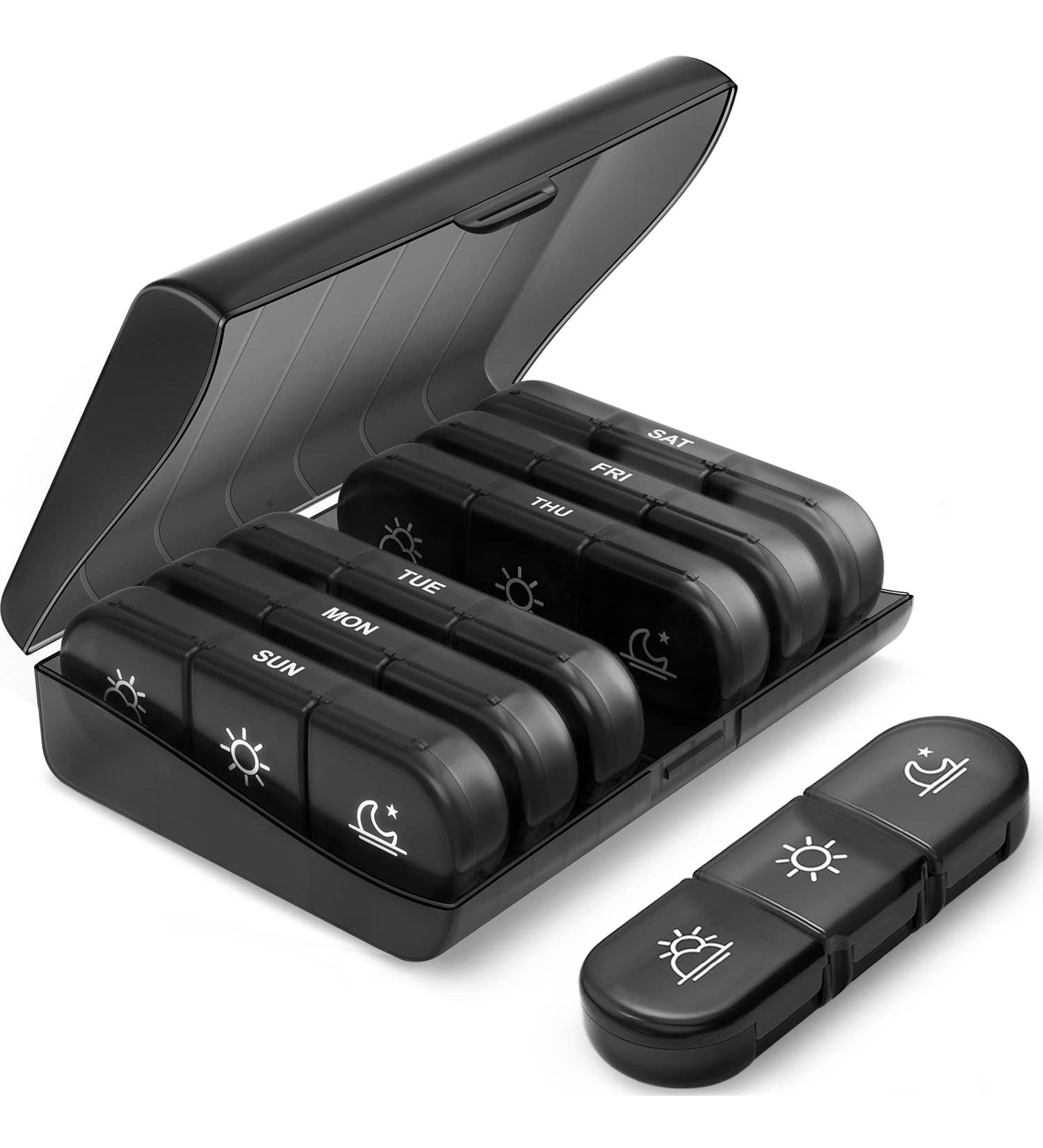 PULIV Weekly Pill Organizer 3 Times a Day - Portable 7 Day Travel Pill Box with Large Containers - Black Pill Case for Vitamins, Medication, Supplements - Light-Proof - Buy Online on GoSupps.com