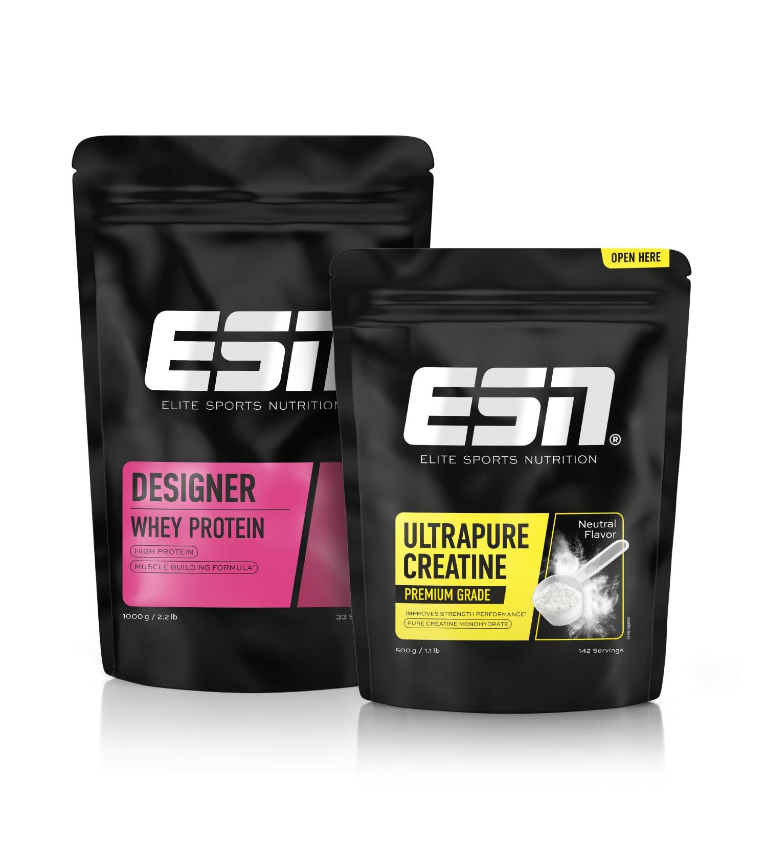 ESN Designer Whey Proteinpulver & Ultrapure Creatine Monohydrate - Vanilla 1 KG + 500 g for Muscle Building - Tested Quality - Made in Germany - Buy Online on GoSupps.com