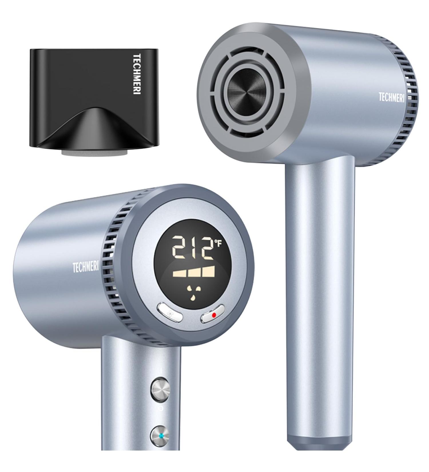 TECHMERI Professional Ionic Hair Dryer - 110 000 RPM Fast Drying Lightweight Travel Blow Dryer for Women with Nozzle & LED Display - Buy Online on GoSupps.com