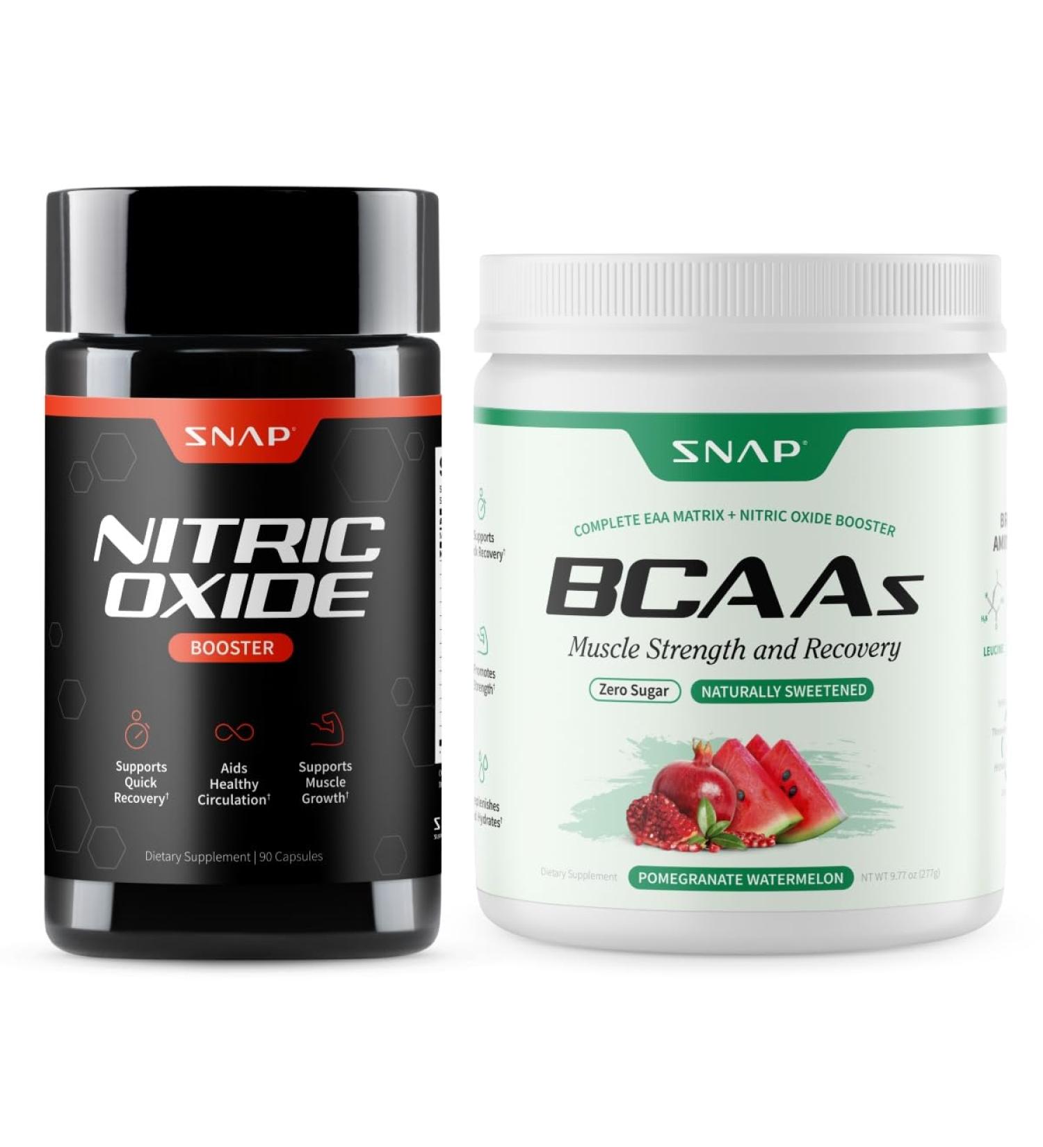 Snap Supplements Nitric Oxide Booster + BCAA Complete EAA Matrix Powder Bundle 90 Vegetarian Capsules + 30 Servings Pomegranate Watermelon - Buy Online on GoSupps.com