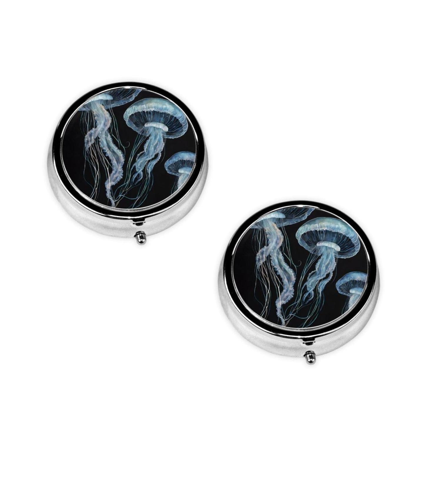 Blue and Gold Jellyfish Mini Round Pill Box | 3 Compartment Travel Pill Organizer | Portable Medicine Case for Home & Office - Buy Online on GoSupps.com