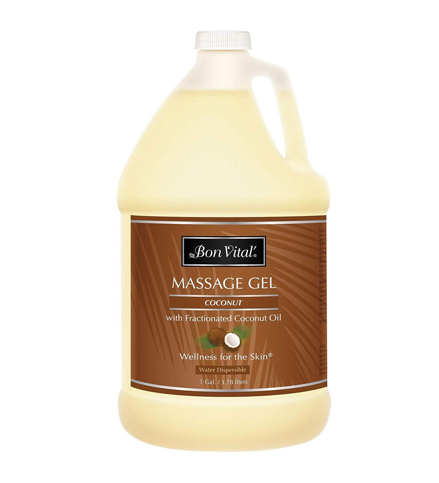 Bon Vital' Coconut Massage Gel with 100% Pure Fractionated Coconut Oil Great for At-Home Use in Back Massages & Neck Massages Moisturizes Skin Without Clogging Pores 1 Gal Label may Vary 1 Gallon Coconut Massage Gel