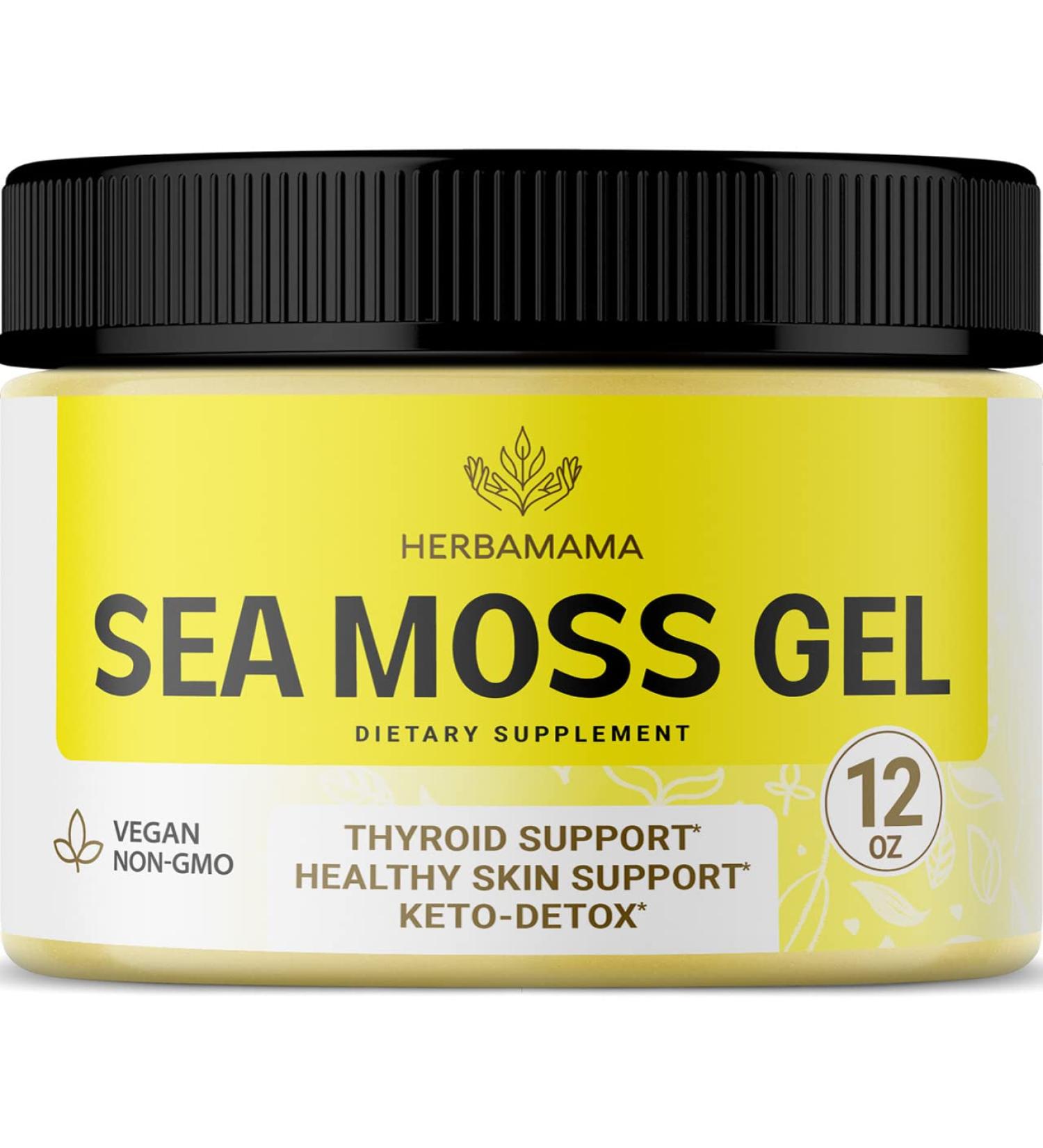 HERBAMAMA Sea Moss Gel 12 oz - Organic Wildcrafted Irish Sea Moss Supplement for Thyroid, Skin, Hair Support - Vegan Dr Sebi Approved - 12 Ounce Organic Raw Gel - Buy Online on GoSupps.com