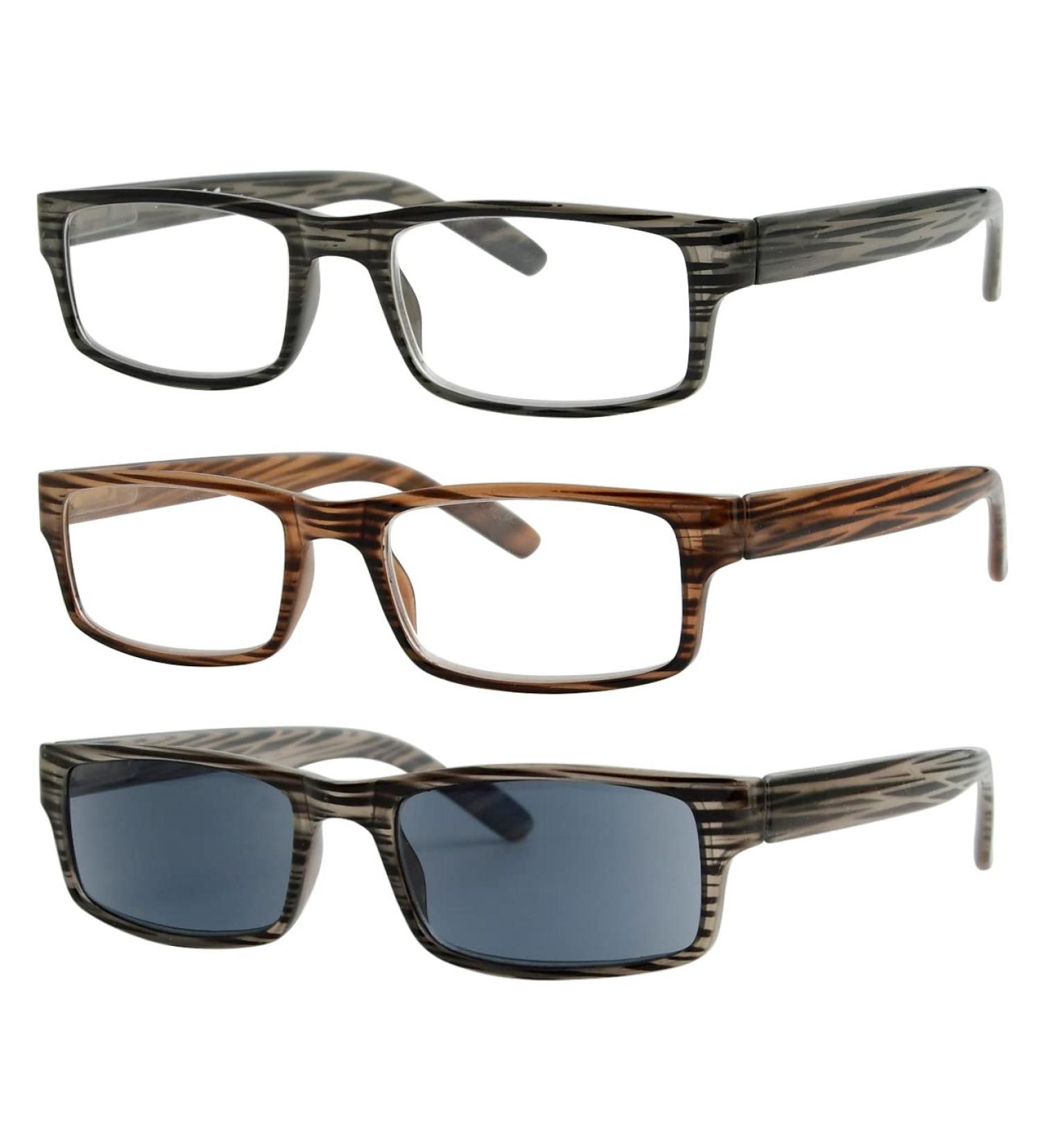 Eyekepper Spring Hinge Striped Reading Glasses for Men - 3 Pack Sun Readers +2.00 Magnification - Stylish & Comfortable - Buy Online on GoSupps.com