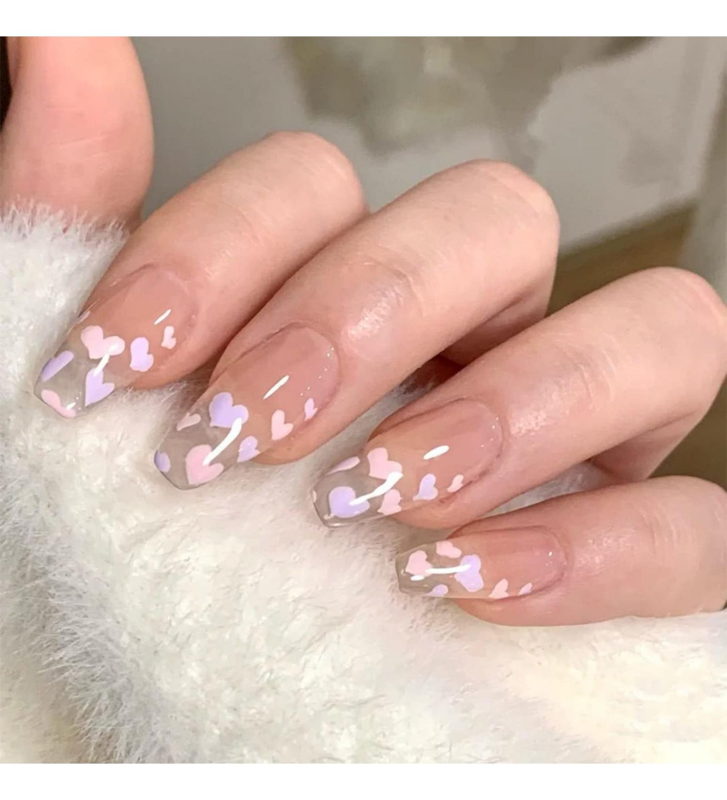 JUSTOTRY 24 Pcs Valentine's Day Pink Heart Press on Nails - Translucent Medium Ballerina False Nails for Women - Acrylic Coffin Nails with Glue for Nail Art - Buy Online on GoSupps.com