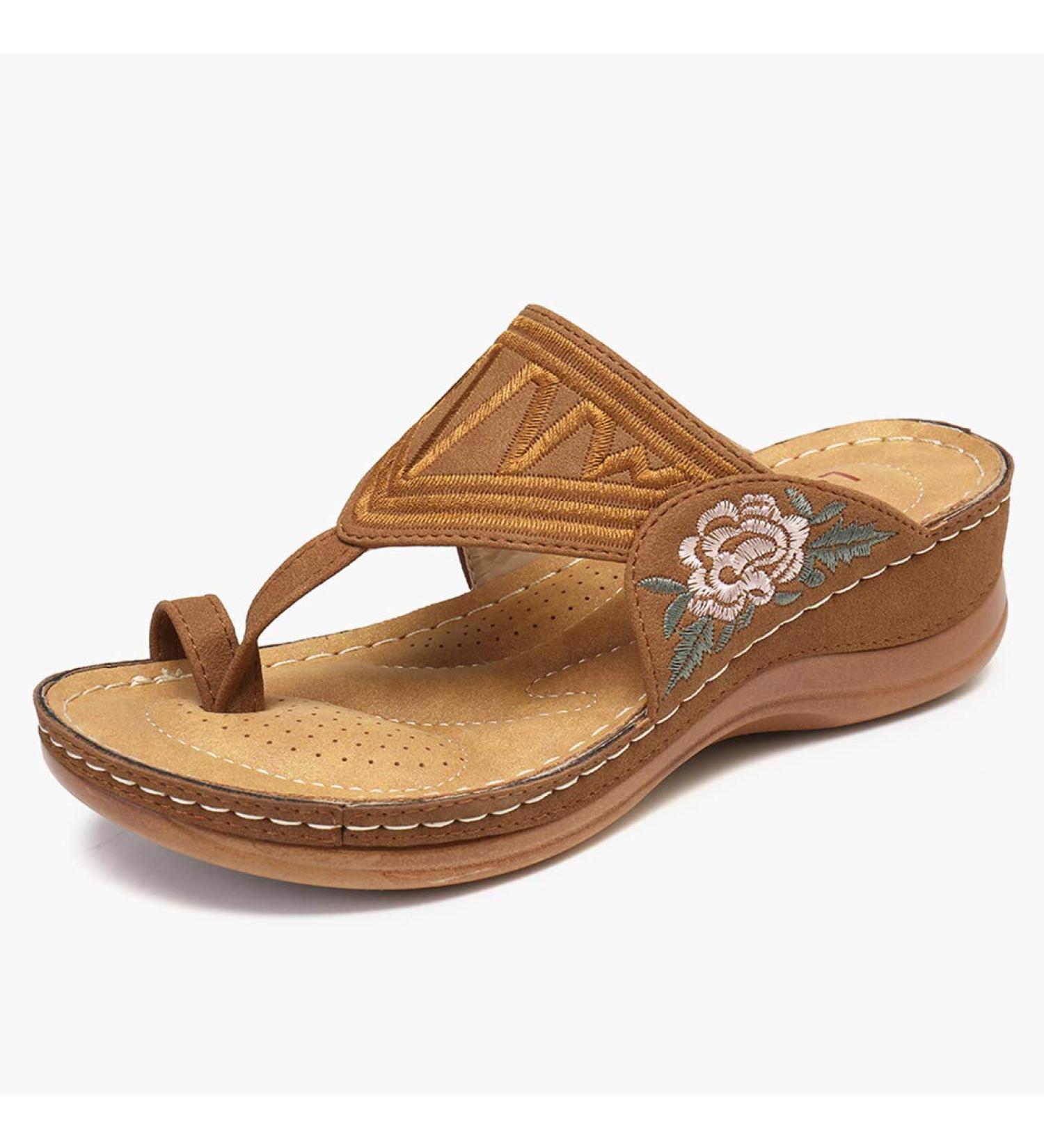 Women's Embroidered Wedge Sandals - Comfortable & Fashionable Summer Casual Slippers for Beach & Travel | Green & Brown (EU Sizes 36 & 37) - Buy Online on GoSupps.com