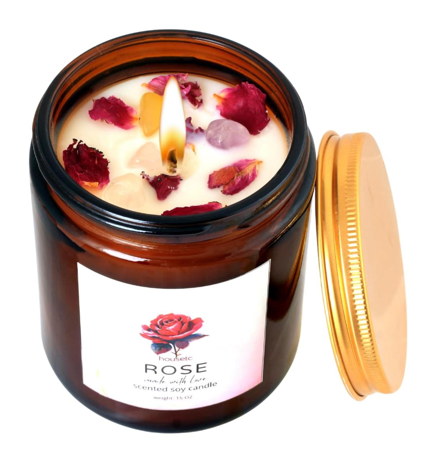 Rose Scented Candle - Soy Wax Aromatherapy with Crystals & Rose Petals | Perfect Stress Relief Gift for Women - Ideal for Birthdays & Anniversaries - Buy Online on GoSupps.com