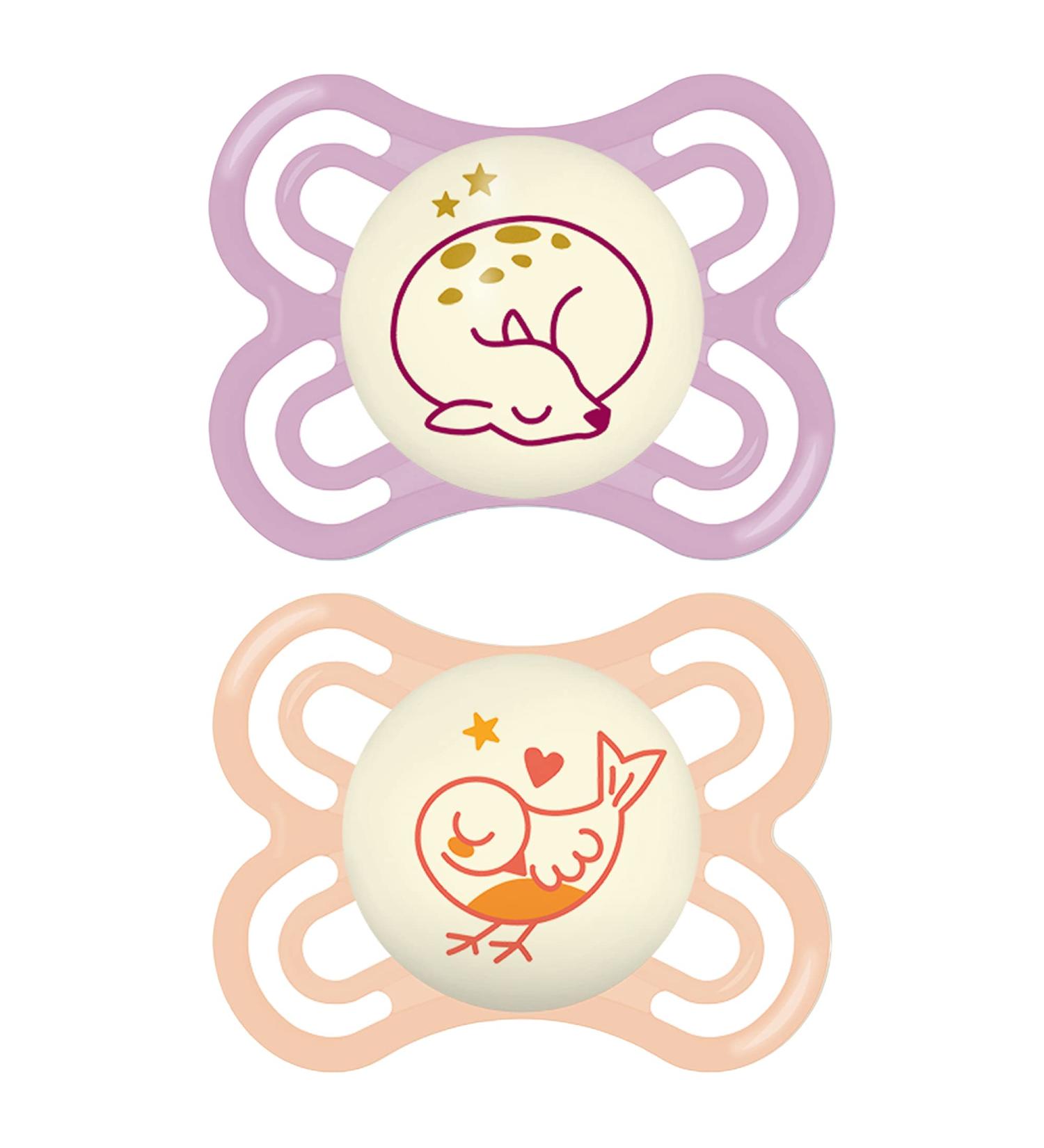 MAM Perfect Night Pacifiers (2 Pacifiers & Sterilizing Box) MAM Soother with a Silicone Nipple Glow in the Dark Pacifiers Baby Essentials Girl 0-6 Months - Buy Online on GoSupps.com
