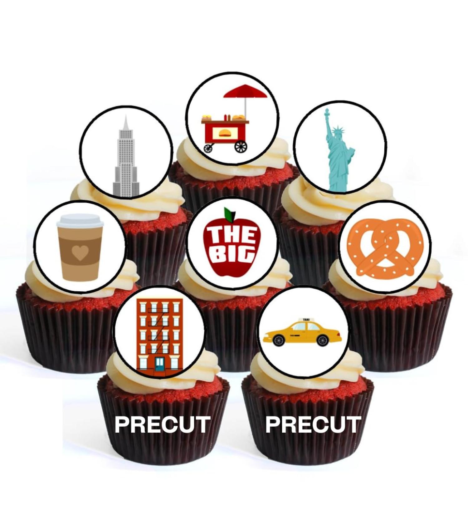PRECUT New York Edible Cupcake Toppers - Big Apple NY Theme Premium Thickness SWEETENED VANILLA - wafer card disc cake decorations (Pack of 12) - Buy Online on GoSupps.com
