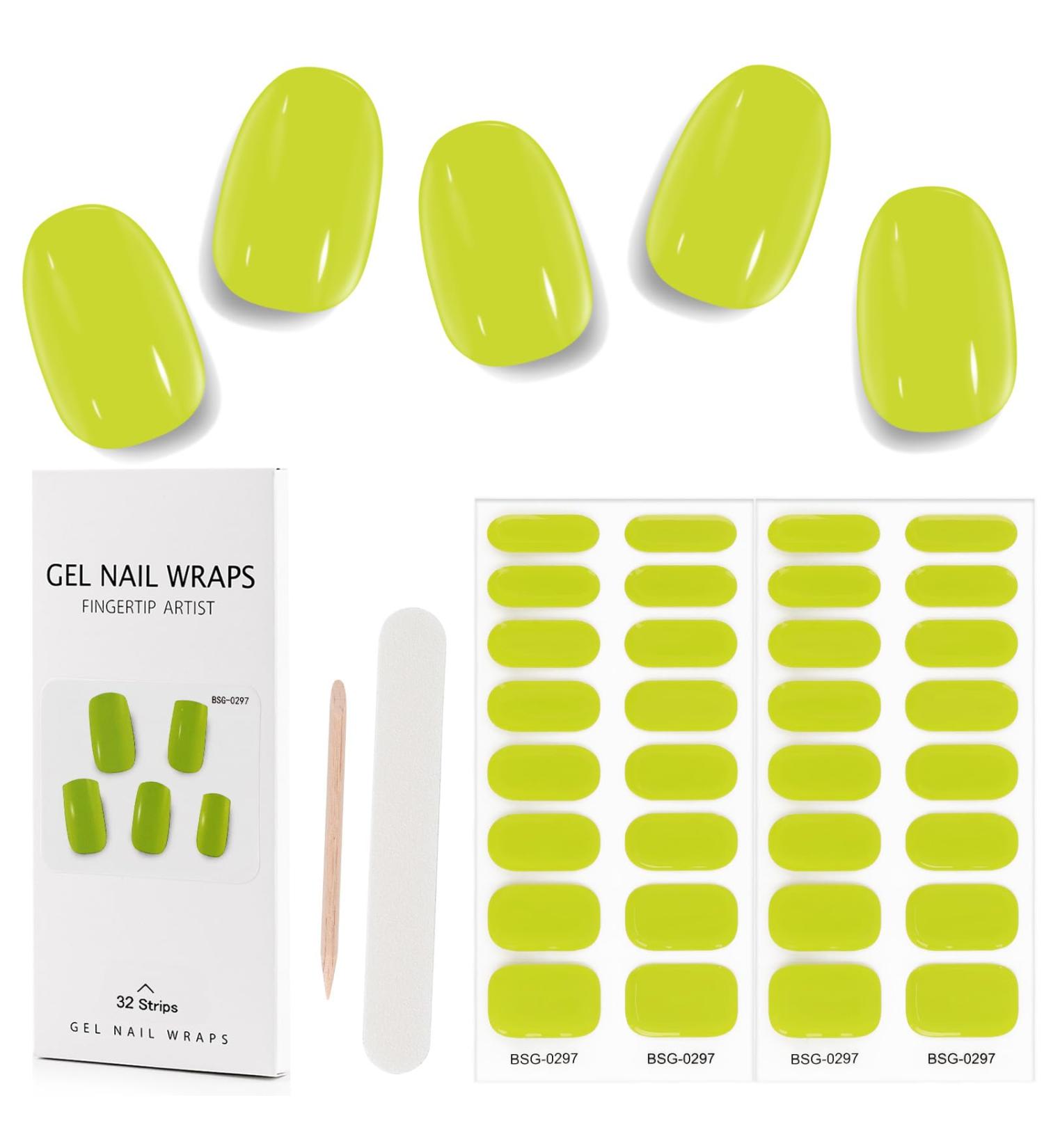 Kalolary 32PCS Cured Gel Nail Polish Strips Adhesive Full Wrap Gel Nail Art Sticker Waterproof Gel Nail Wrap Stickers with Nail File and Stick(UV/LED Lamp Required) (GreenYellow) - Buy Online on GoSupps.com