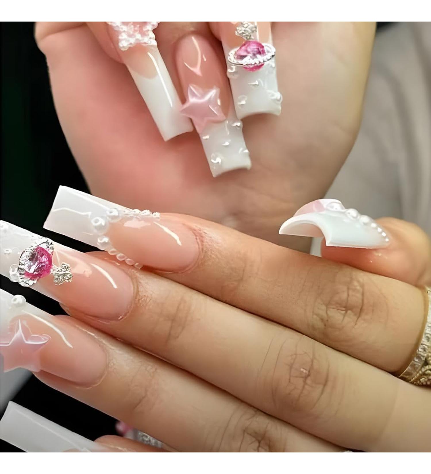 French Tip Press on Nails - Long T Press On Nails with Nail Tips White Planet Design White Pearl Star press on nails Acrylic False Nails Cute Artificial Nails - Buy Online on GoSupps.com