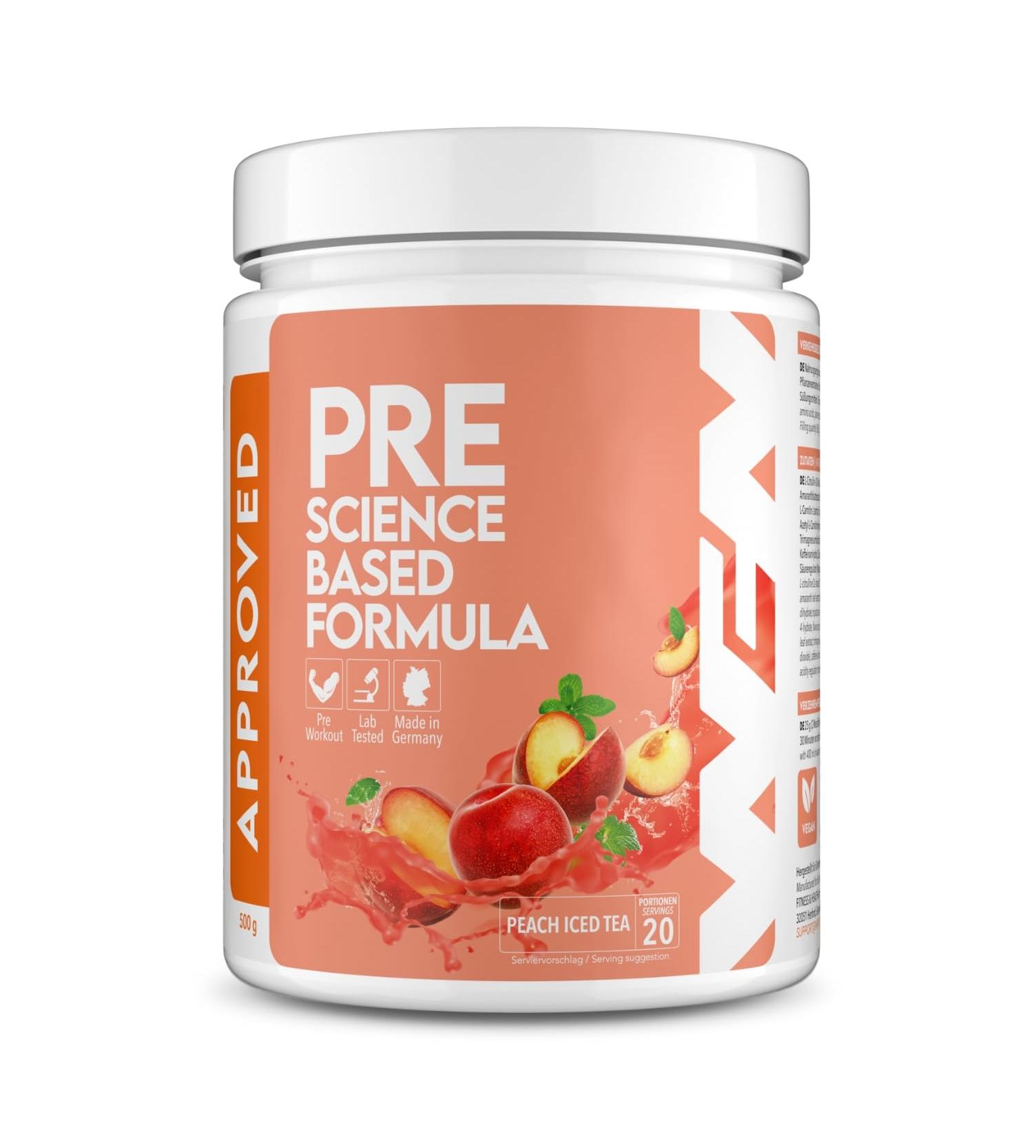 WFN Approved Pre-Workout Booster - Peach Iced Tea - 500g - High-Dose Formula with Citrulline Arginine & Caffeine - 20 Portions - Lab-Tested in Germany - Buy Online on GoSupps.com