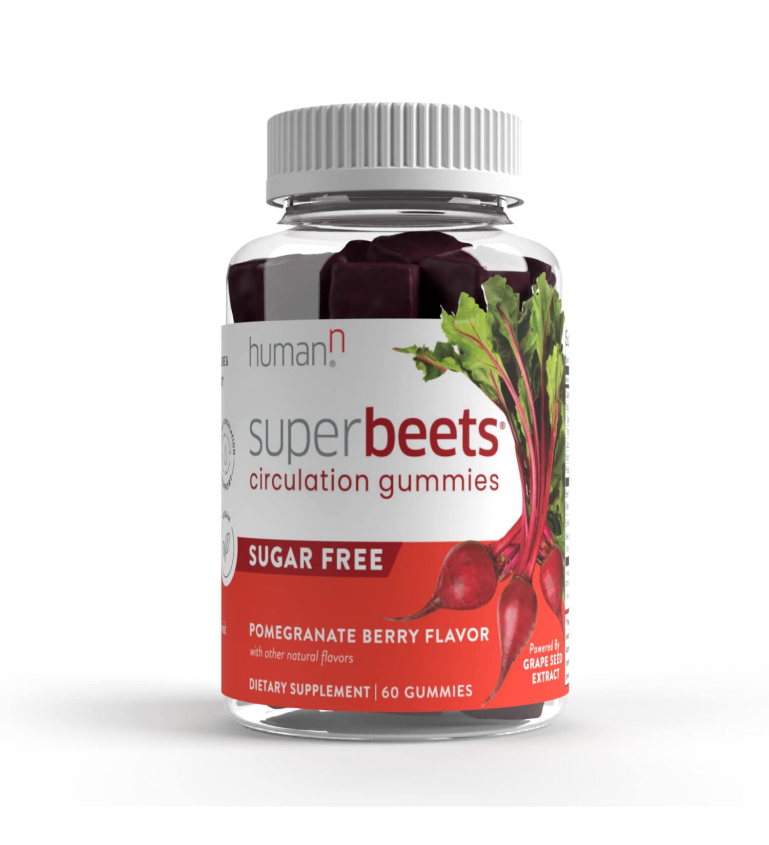 HumanN SuperBeets Sugar-Free Nitric Oxide Circulation Gummies - Heart Health Support with Grape Seed Extract & Non-GMO Beet Energy - Pomegranate Berry Flavor - 60 Count - Buy Online on GoSupps.com