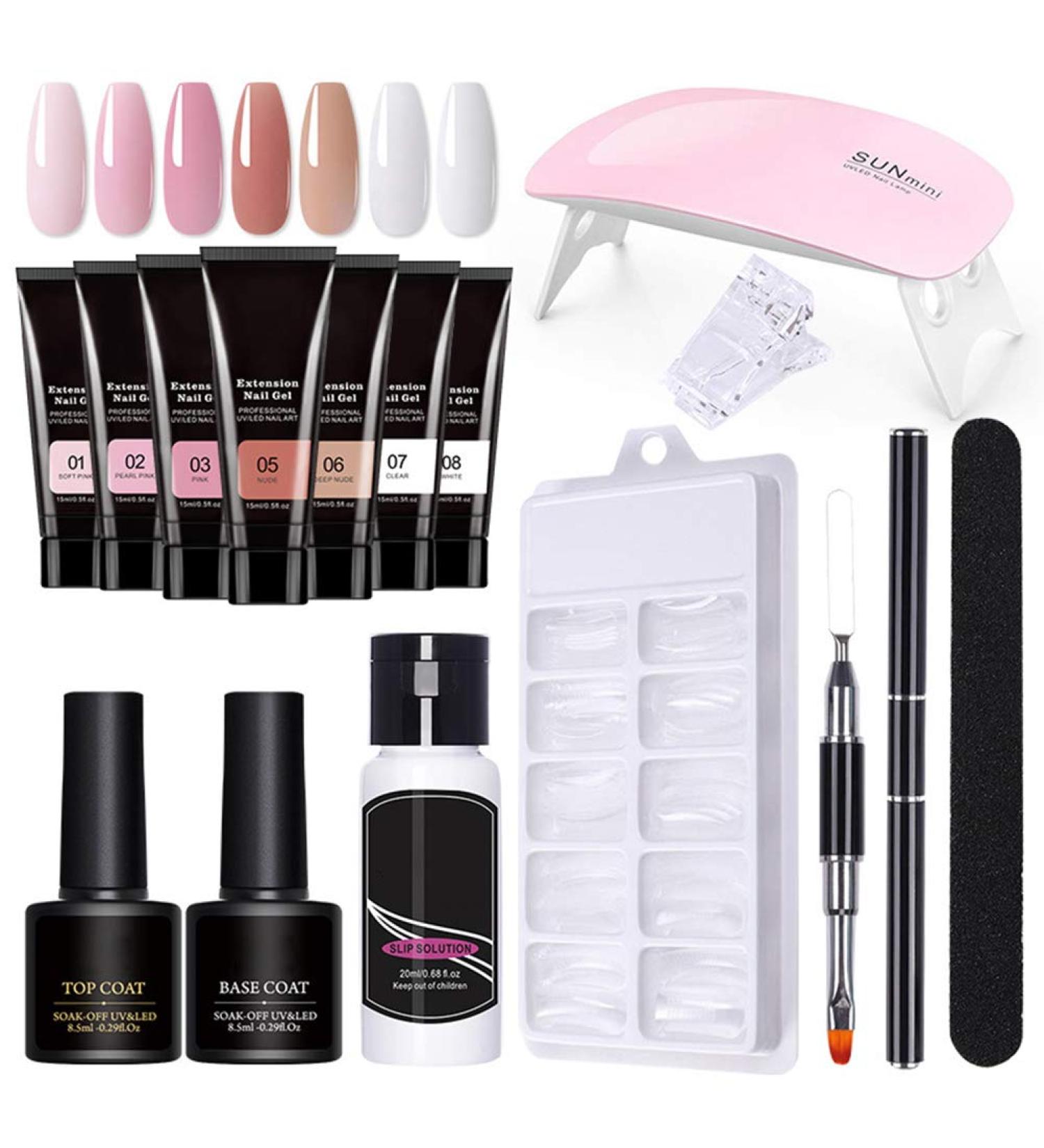 Poly Nail Gel Kit 7Polygel Builder Nail KIt with 7 colors UV gel 100 nail extension shapes mini UV lamps nail files brushes for nail manicure No Need Slip Solution DIY Nail Art at Home - Buy Online on GoSupps.com