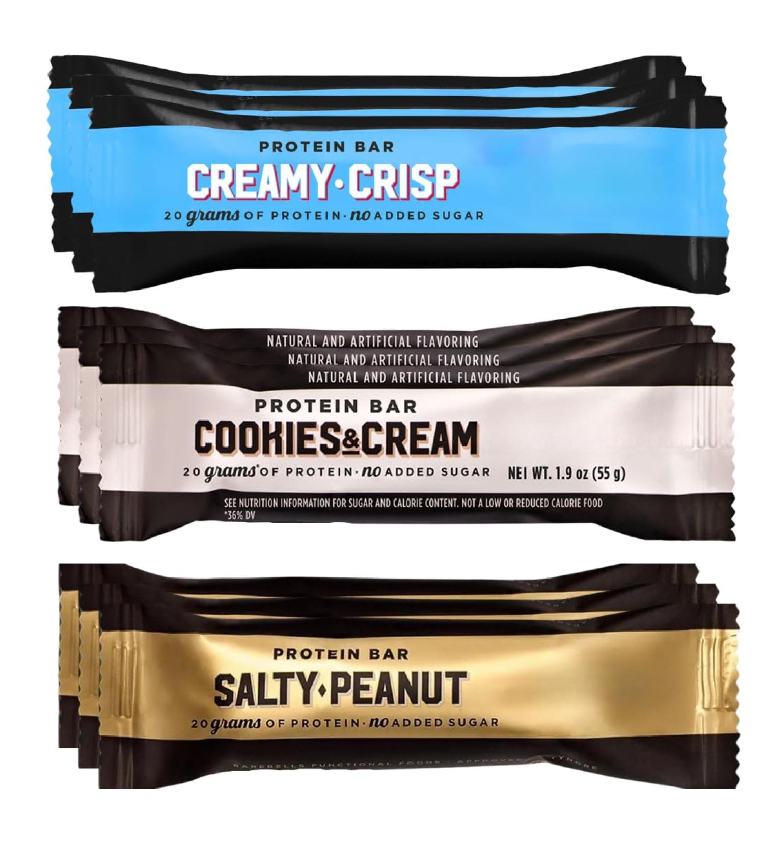 BarebeIIs - Protein Bar Variety Pack 20g Protein No Added Sugar Creamy Crisp Cookies & Cream Salty Peanut High-Protein Snack Bars (9 Pack) - Buy Online on GoSupps.com