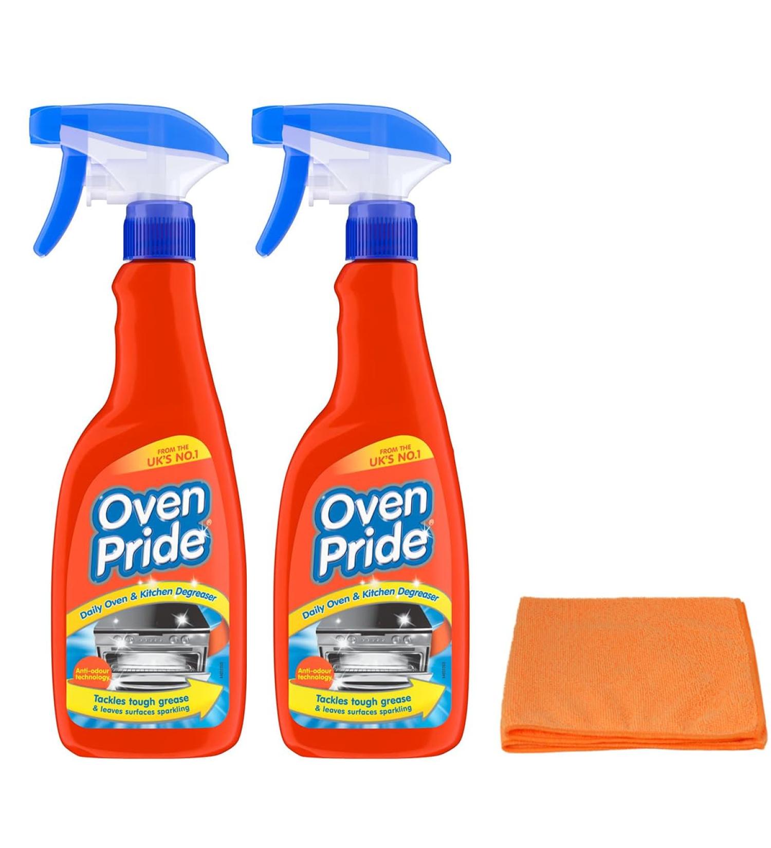 2X Oven Pride Daily Oven and Kitchen Degreaser Spray- 2X 500ml- Removes Tough Grease from Ovens Hobs Extractors Kitchen Surfaces - with Ultra Absorbent Microfibre Cleaning Cloth 2X Oven Pride Degreaser Spray + Cloth - Buy Online on GoSupps.com