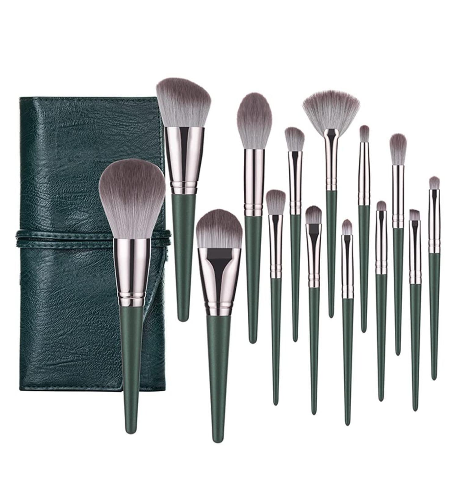 14-Piece Green Makeup Brush Set | Loose Powder Highlighter Eyeshadow Foundation & Contour Brushes - International Shipping Available - Buy Online on GoSupps.com