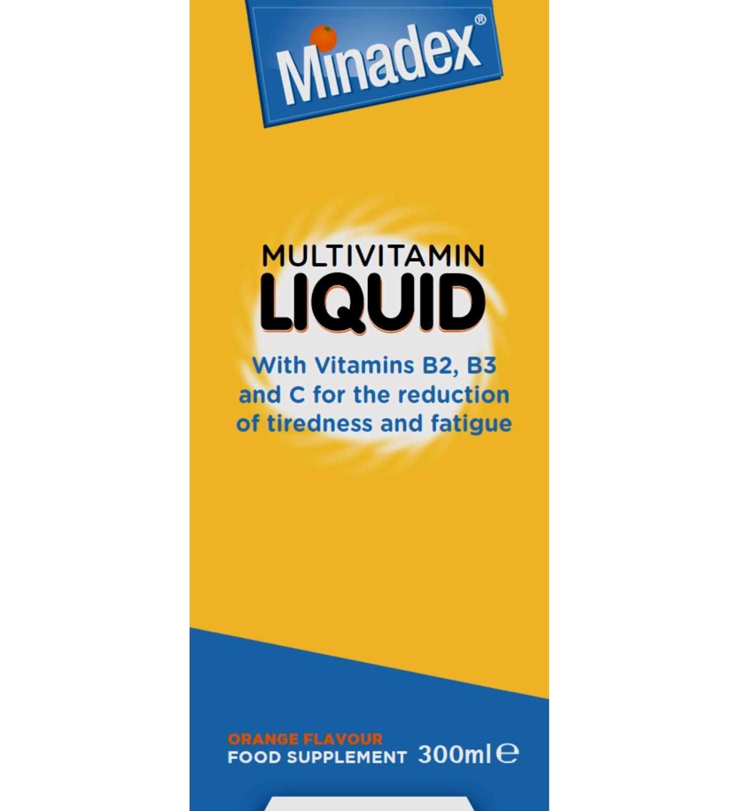Minadex Multivitamin Liquid for Adults & Kids (Delicious Orange Flavour) 300 ml - Omega-3 & Vitamins A B2 B3 C D E for Reduction of Tiredness and Fatique 300 ml (Pack of 1) - Buy Online on GoSupps.com