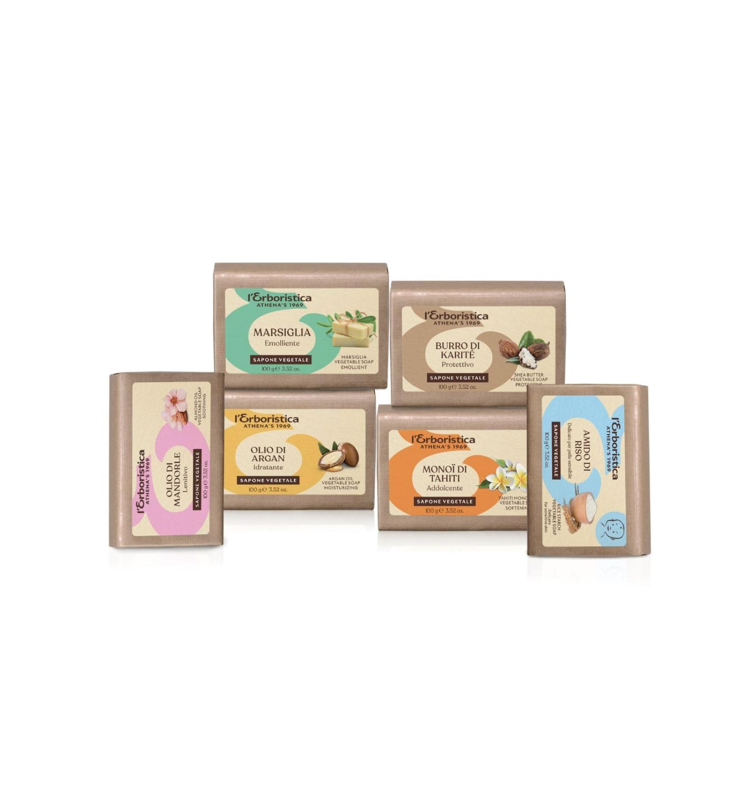 L'Herboristique Athena's | Assorted Vegetable Soaps: Almond Oil Organic Argan Oil Rice Starch Shea Butter Marseille Monoi Oil Soap Weight 100g 6 Pieces Made in Italy - Buy Online on GoSupps.com