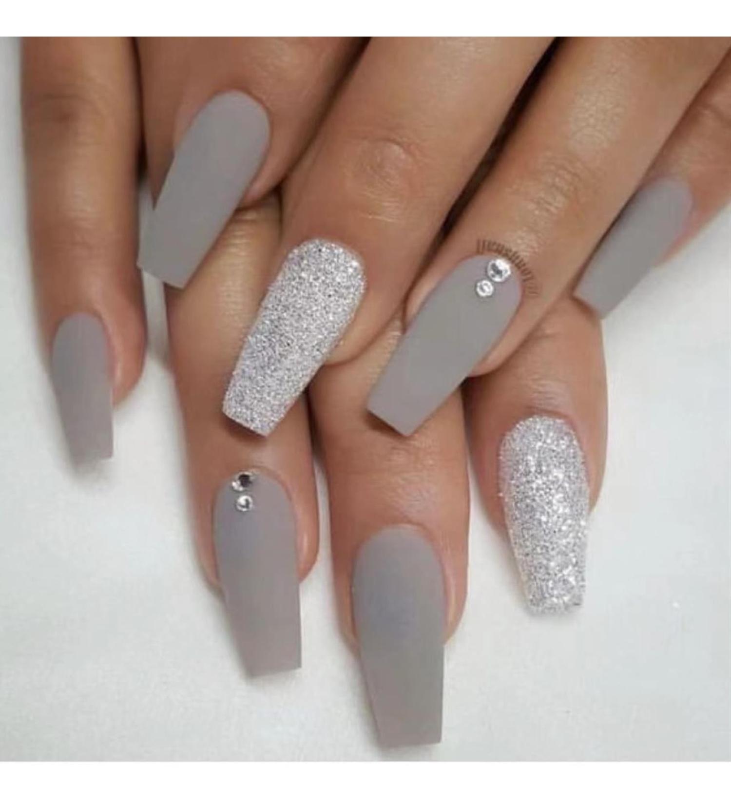 MENILITHS 24Pcs/Set Press On Nails Matte Ballet Grey Silver Matte Diamond Patch False Nails Acrylic Fake Nails Full Cover Nails Tips Artificial Finger Manicure Press on nails for Women and Girls - Buy Online on GoSupps.com