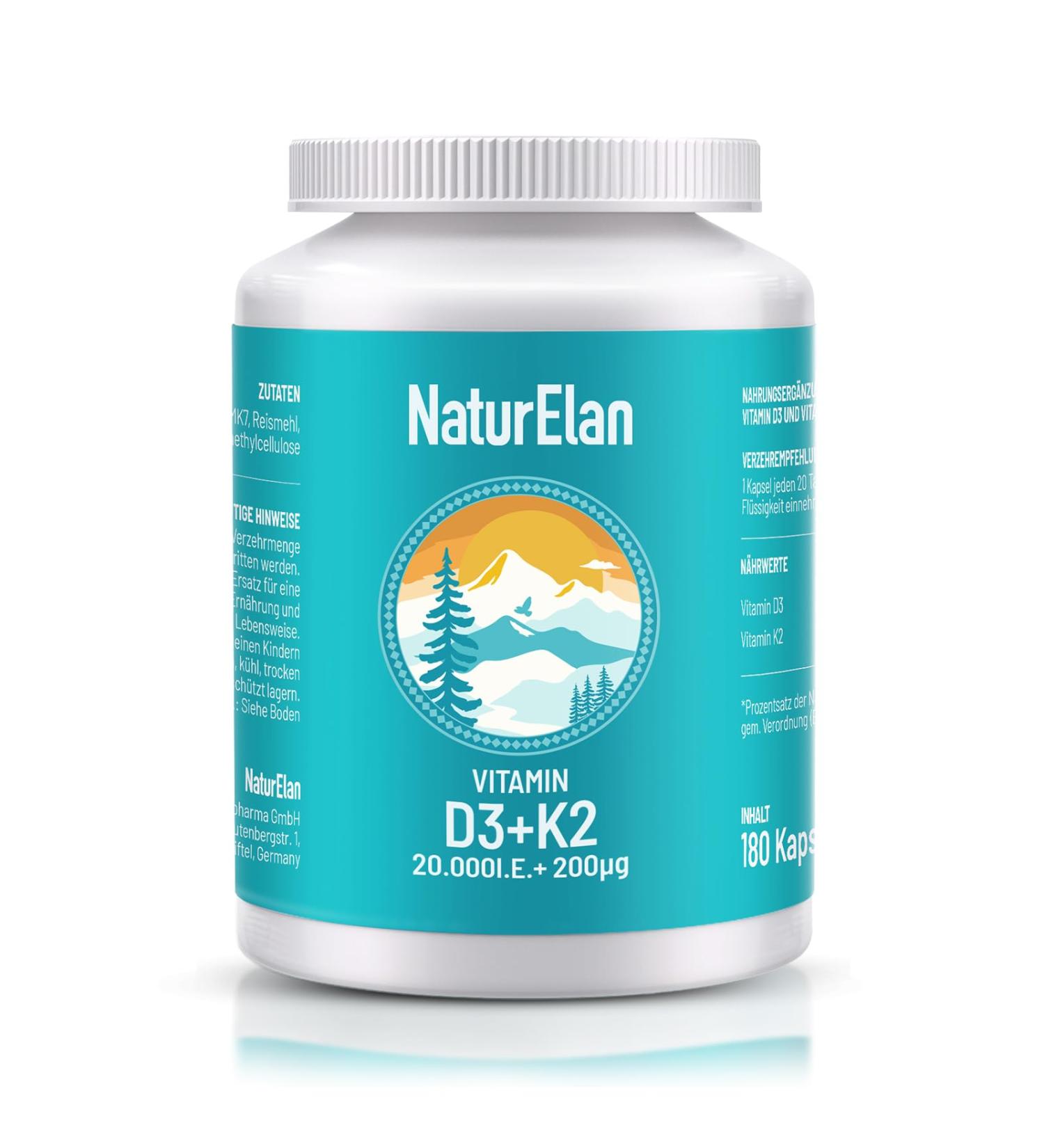 Vitamin D3 K2 Capsules - 20000 I.U. + 200 MCG K2 MK7 - 180 Vegetarian Capsules Additive-Free Made in Germany - Buy Online on GoSupps.com