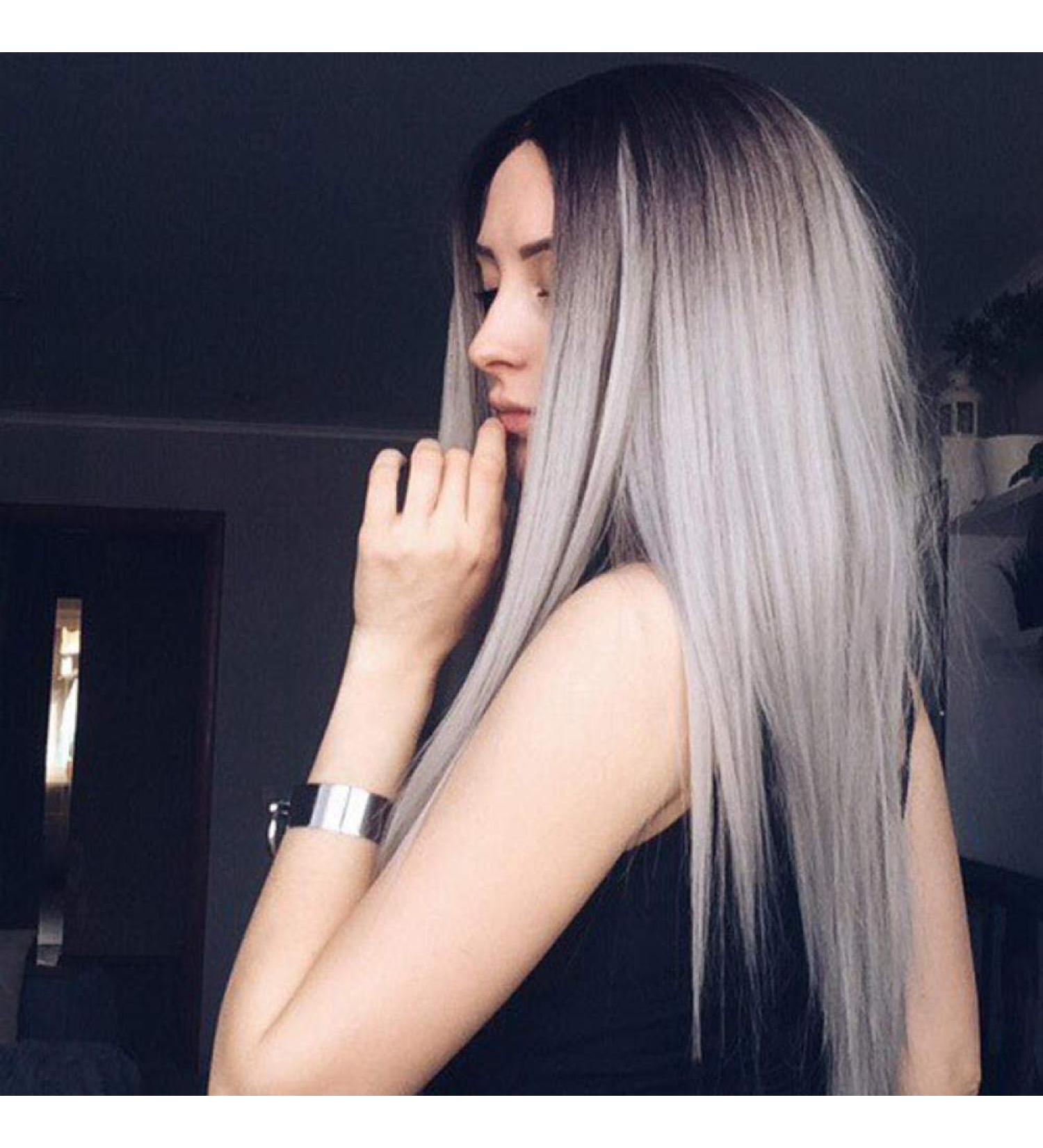 Wig European and American fashion women s gradient black and gray in the long straight hair wigLinen yellow Red wine