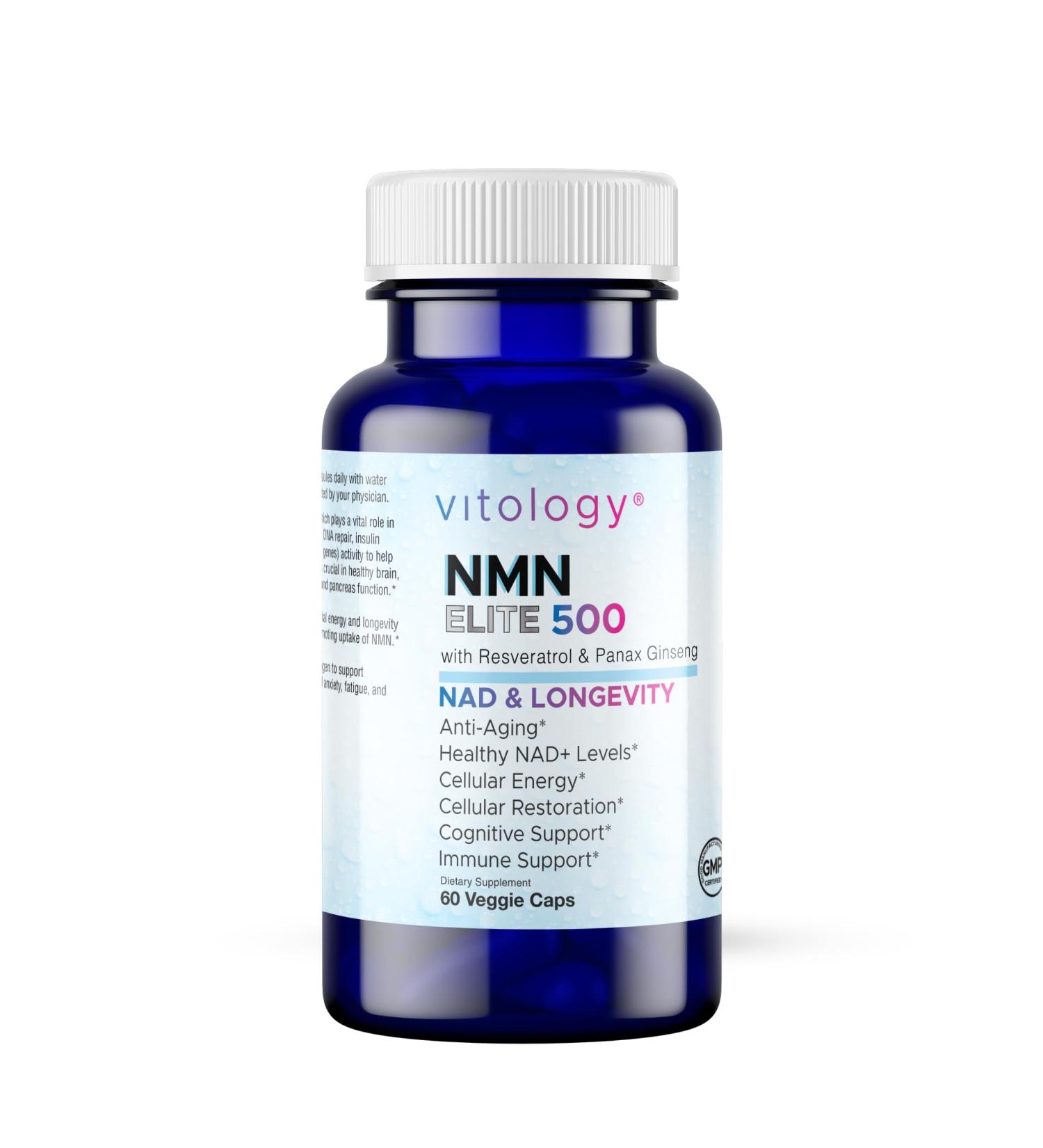 Vitology NMN Elite 500 NMN 500mg, Resveratrol 200mg, Panax Ginseng 300mg NAD+ Cellular Energy & Longevity Support Supplement Focus, Vitality & Anti-Aging Formula Non-GMO, Vegan Capsules - Buy Online on GoSupps.com