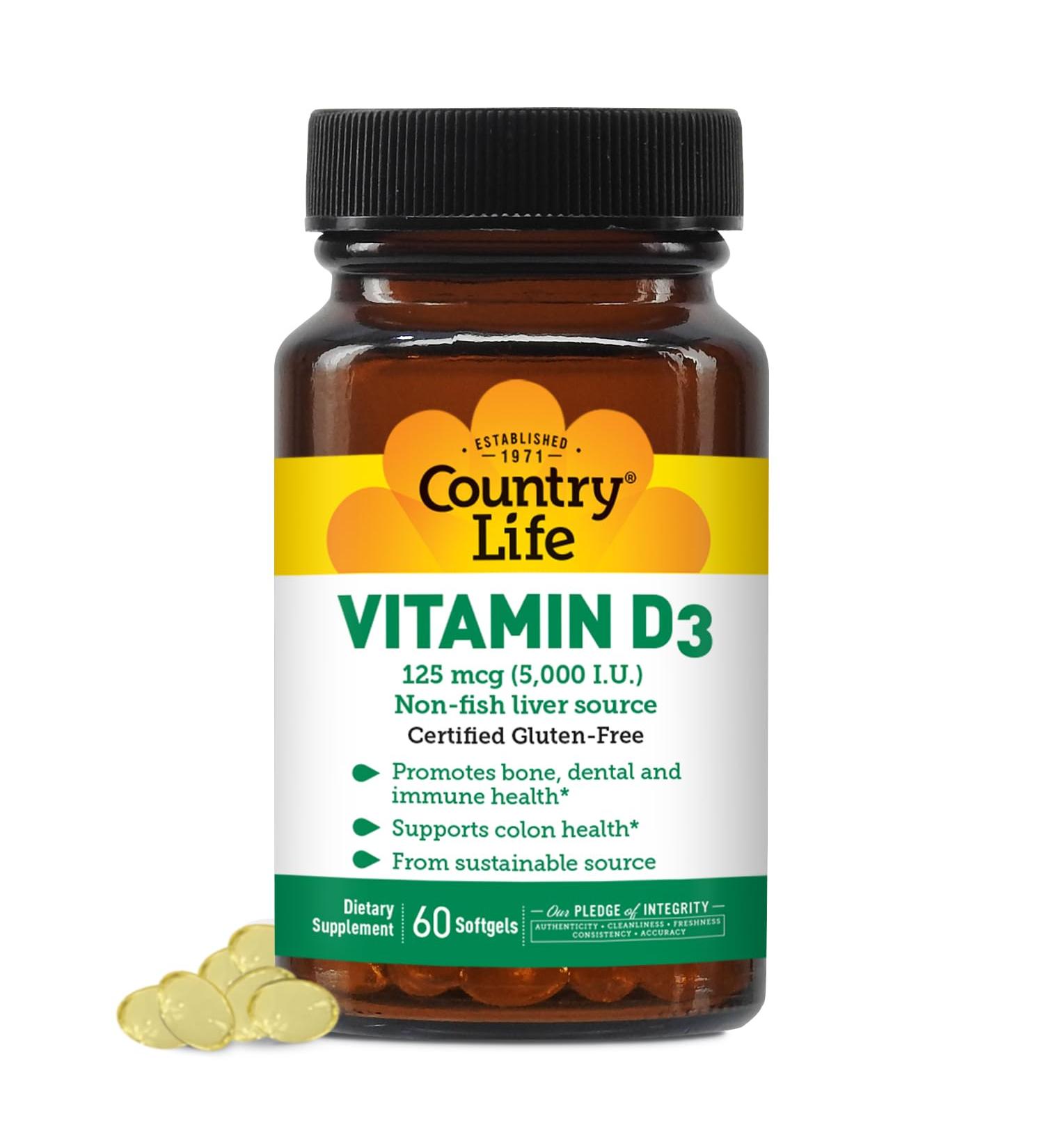 Country Life Vitamin D3 5000 IU Supports Healthy Bones Teeth and Immune System Daily Supplement 60 ct 60 Count (Pack of 1) - Buy Online on GoSupps.com