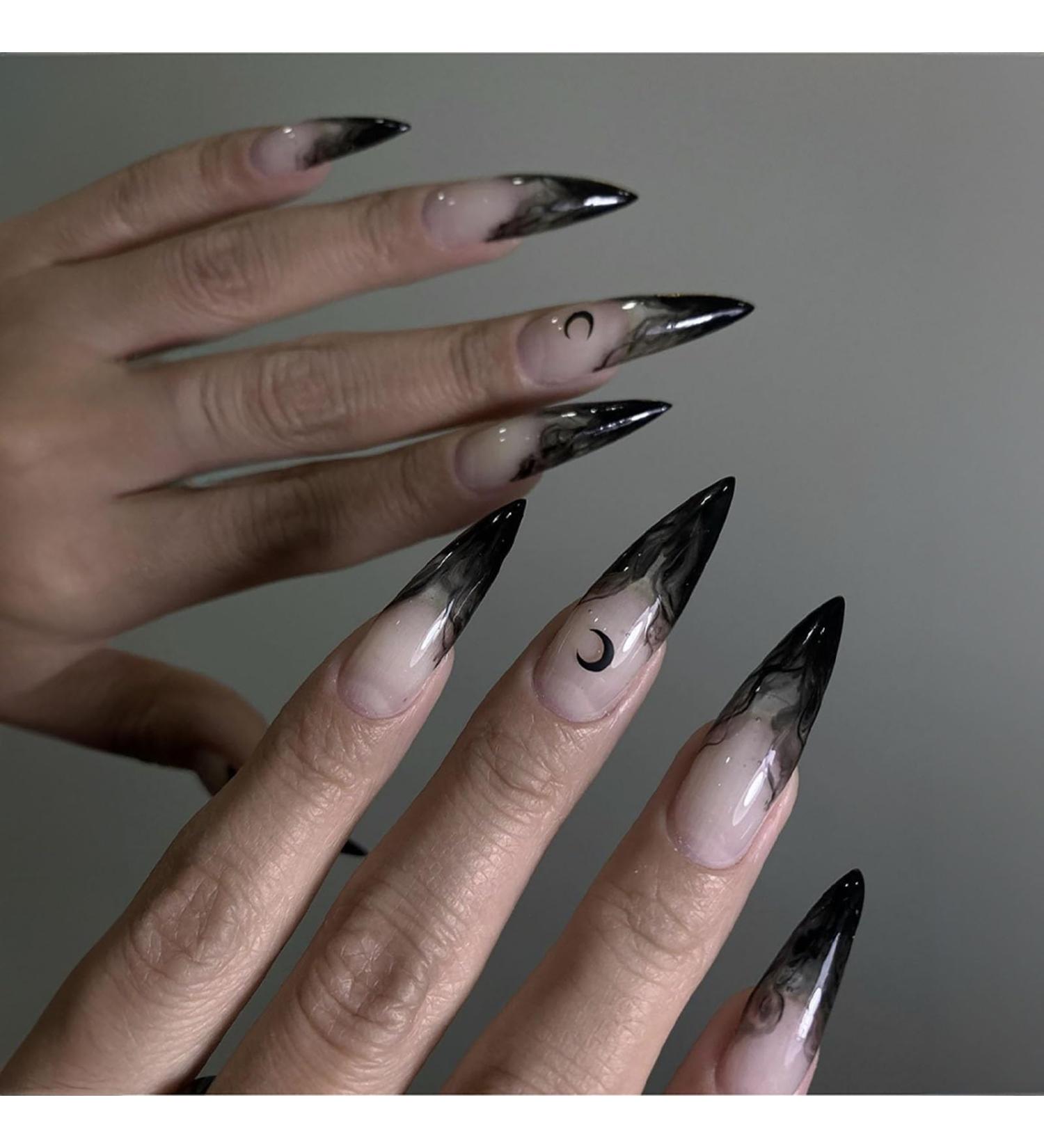 Buy Halloween Press on Nails - Long Stiletto Black Blood Gradient French Tip - 24 Pcs Full Cover Glossy Nails with Moon Designs for Women & Girls - Buy Online on GoSupps.com