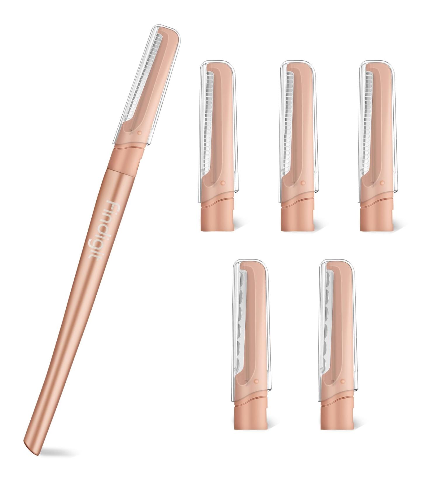 Findigit Eyebrow Razor & Dermaplaning Tool with 6 Refill Blades - Gold Facial Razor for Women & Peach Foot Removal - Ideal for Hair Removal & Peeling - Buy Online on GoSupps.com