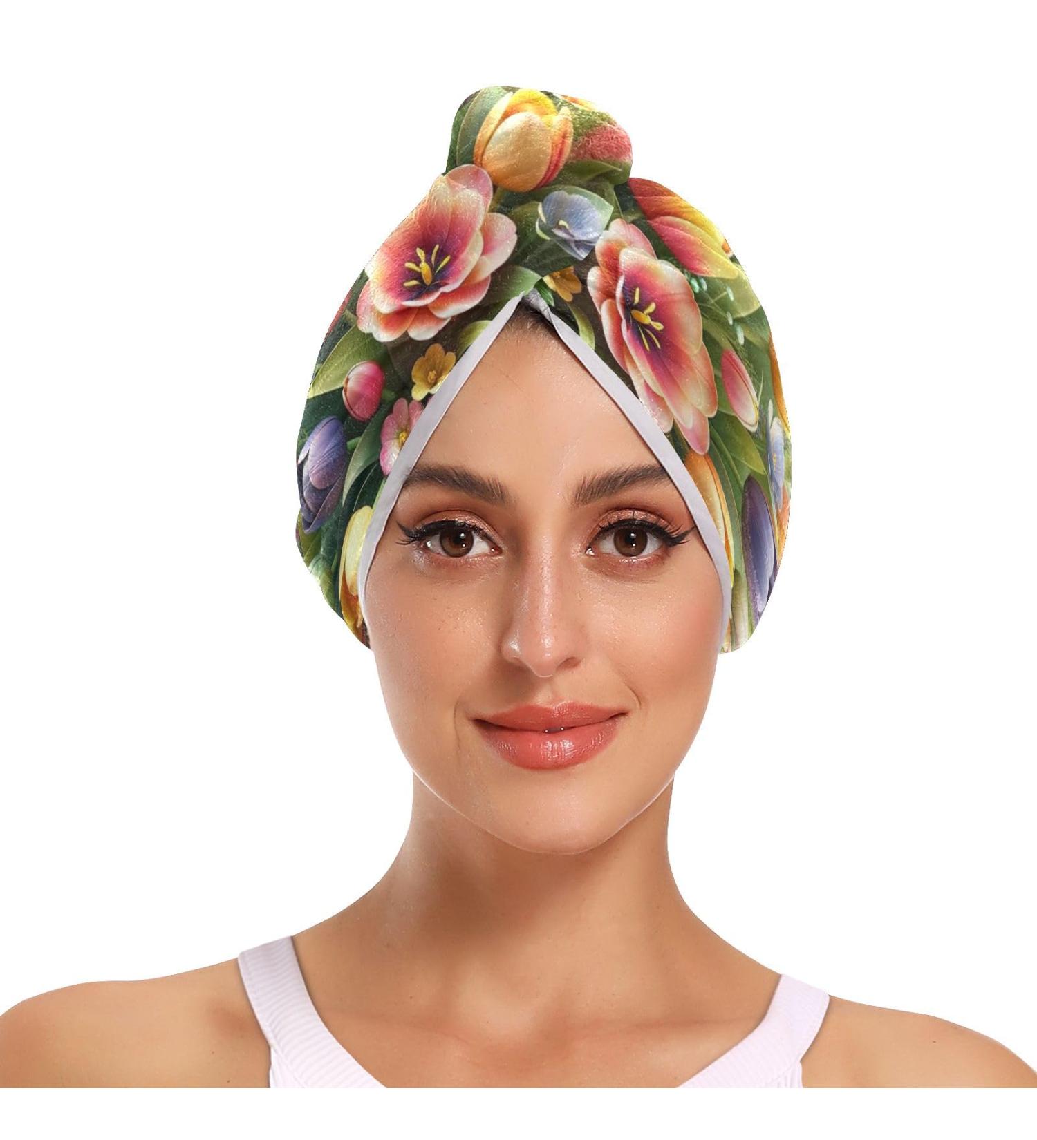 Elegant Tulip Flower Arrangement Hair Towel 2 Pack | Super Absorbent Quick Dry Hair Turbans for Women & Girls | Perfect Mother's Day Gift - Buy Online on GoSupps.com