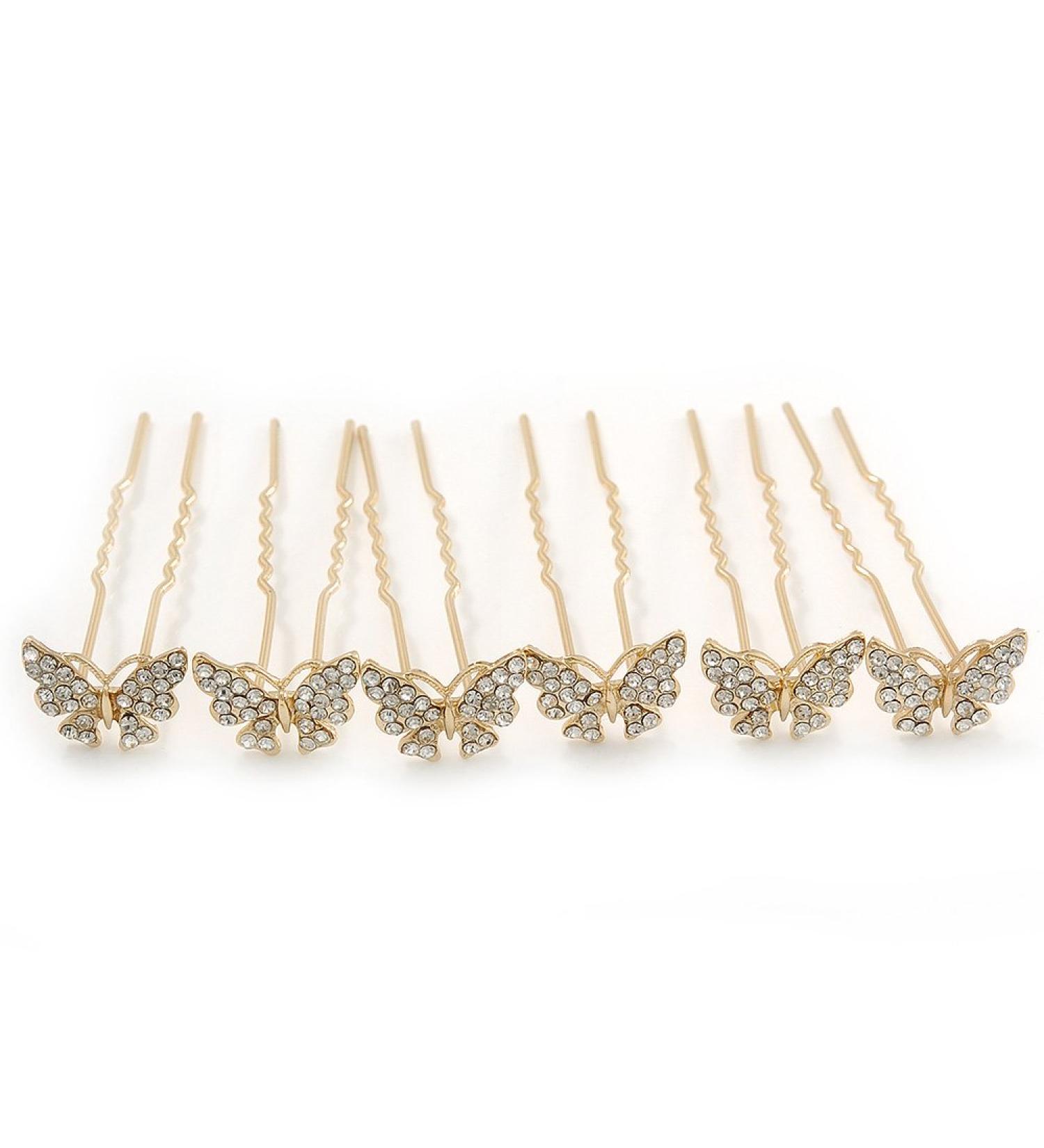 Bridal/Wedding/Prom/Party Set Of 6 Gold Plated Crystal 'Butterfly' Hair Pins - Buy Online on GoSupps.com