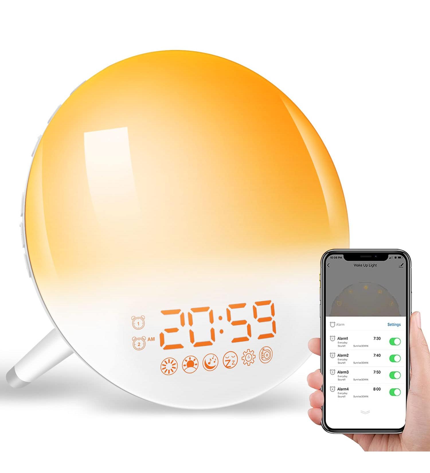 Ghustar Lichtwecker Wake Up Light - Daylight Alarm Clock with Sunrise & Sunset 7 Colors 2 Alarms 7 Natural Sounds FM Radio 20 Brightness Levels Ideal LED Night Light for Adults - Buy Online on GoSupps.com