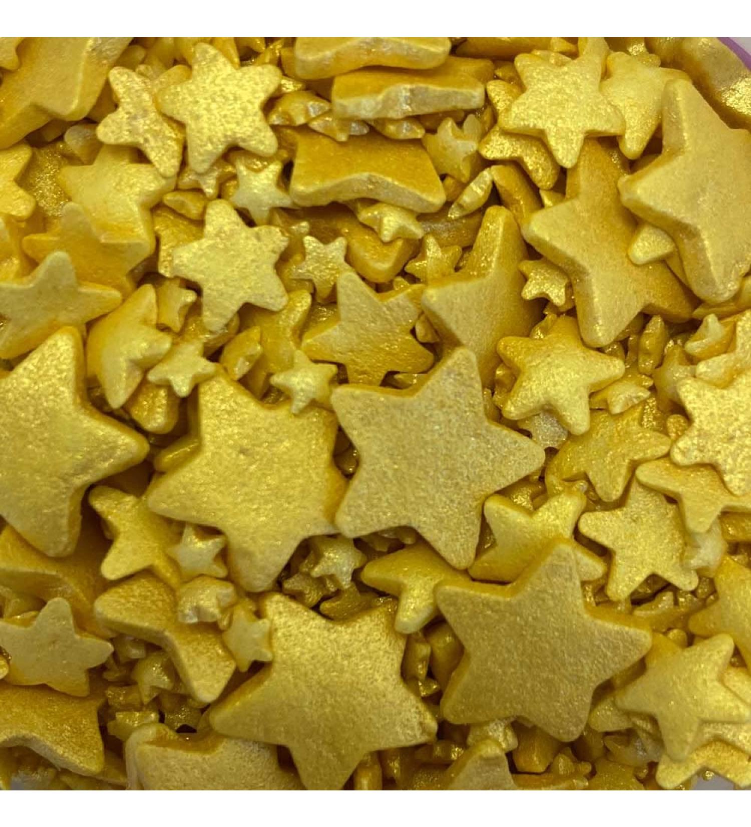 A Pinch Of Glimmer Stars Gold Mix - Mini Pouch - 25g. These beautiful glimmer stars are ideal for topping cakes & biscuits and ice creams. Just enough for a single bake (Gold star mix)