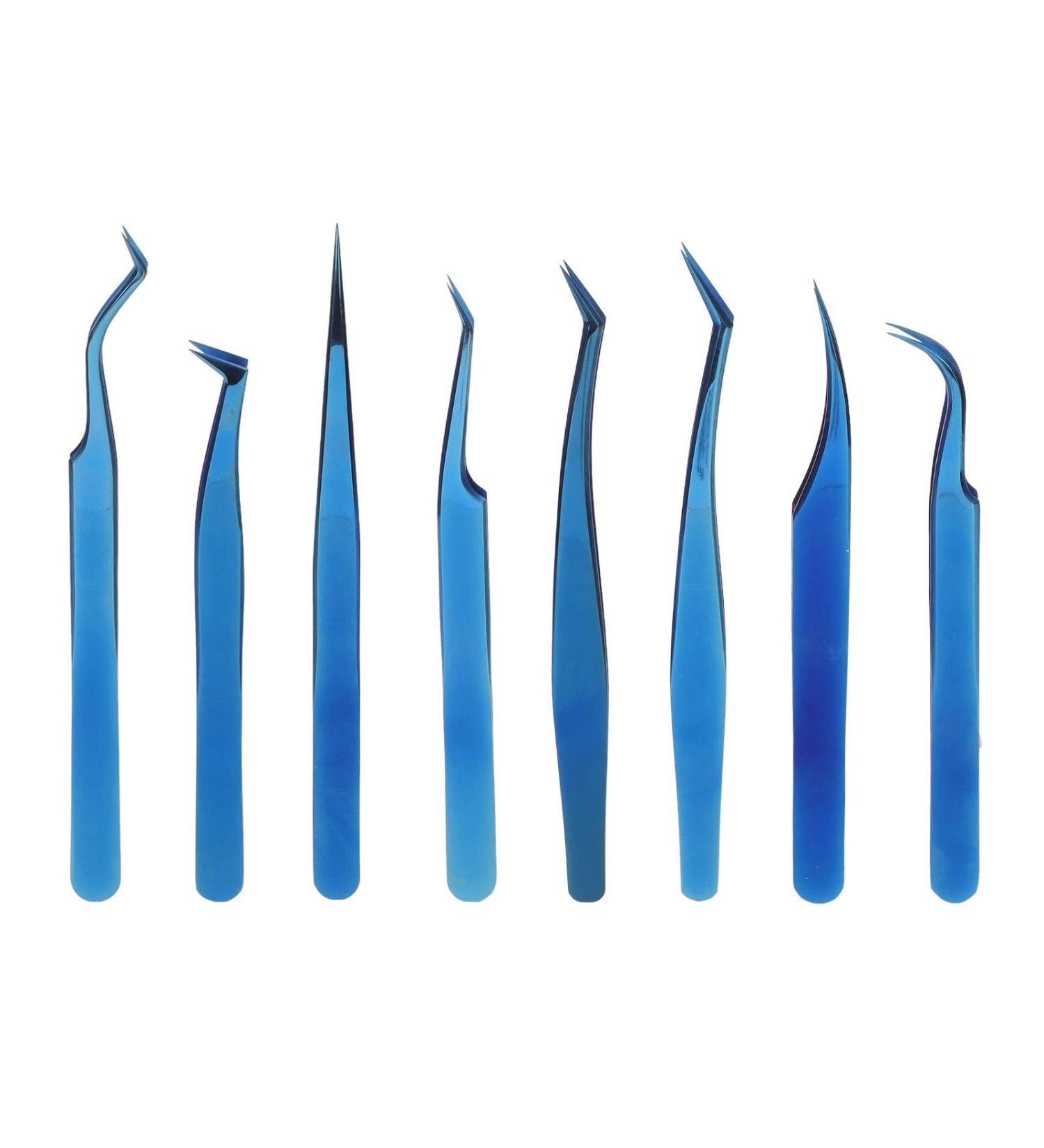 Eyelash Tweezers Set for Extensions - 8-Piece Stainless Steel Blue Tweezers with Straight & Bent Tips - Buy Online on GoSupps.com