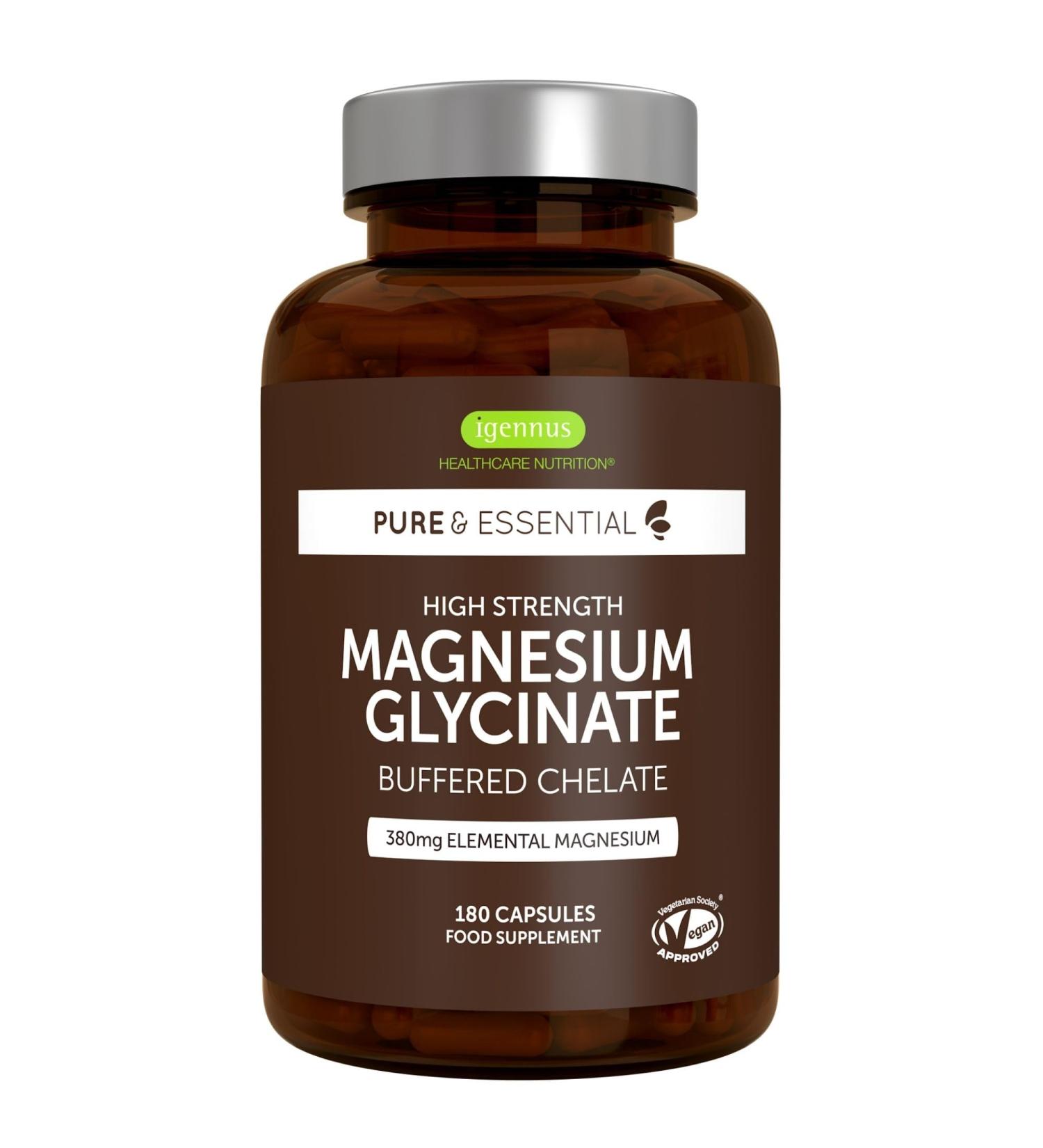 Igennus Highest Strength Chelated Magnesium Glycinate 1300mg 380mg Elemental 90 Servings Pure & Clean Buffered Magnesium Bisglycinate Vegan 180 Capsules - Buy Online on GoSupps.com